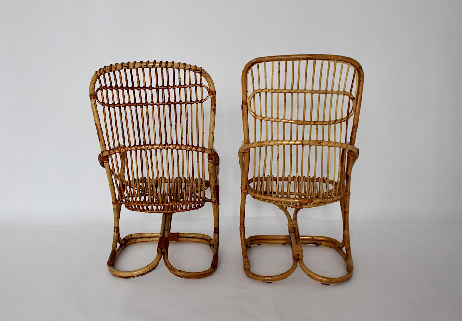 Mid-Century Modern Vintage Bent Bamboo Rattan Two Patio Armchairs, 1960s, Italy For Sale 3