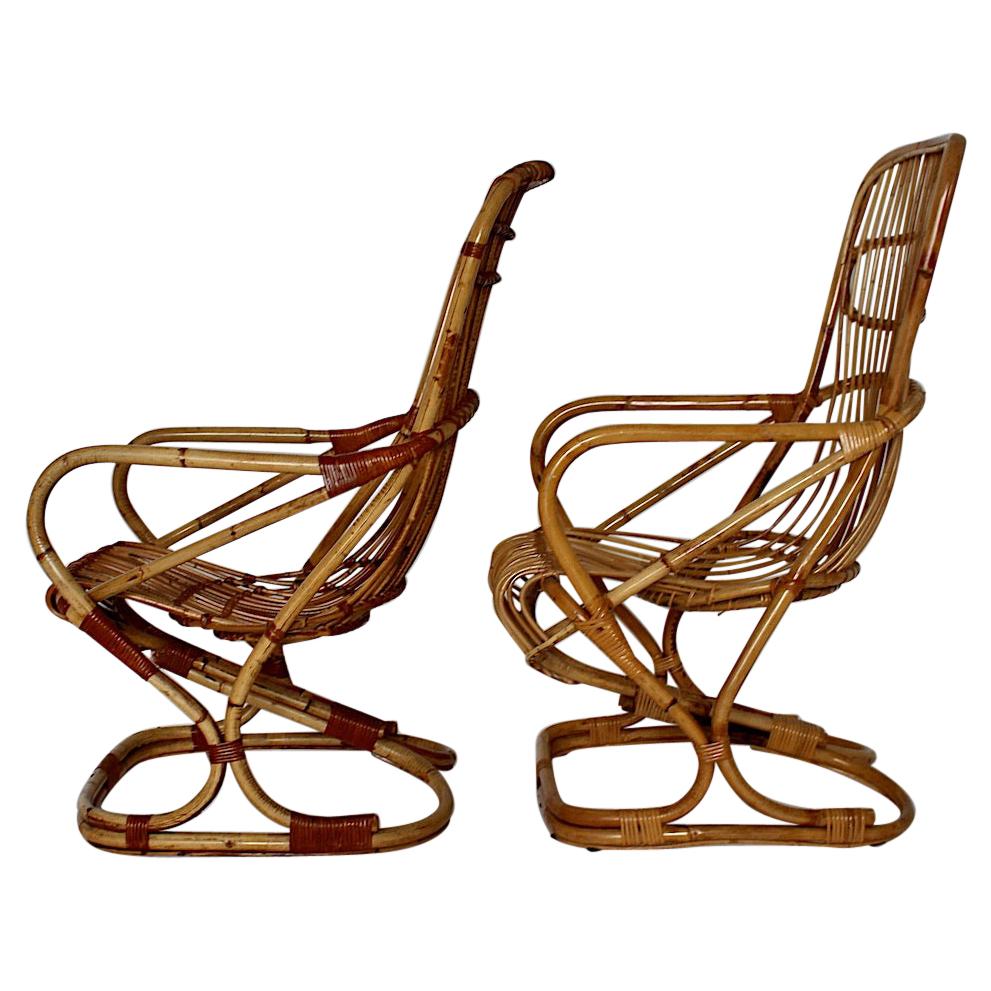 Mid-Century Modern Vintage Bent Bamboo Rattan Two Patio Armchairs, 1960s, Italy For Sale