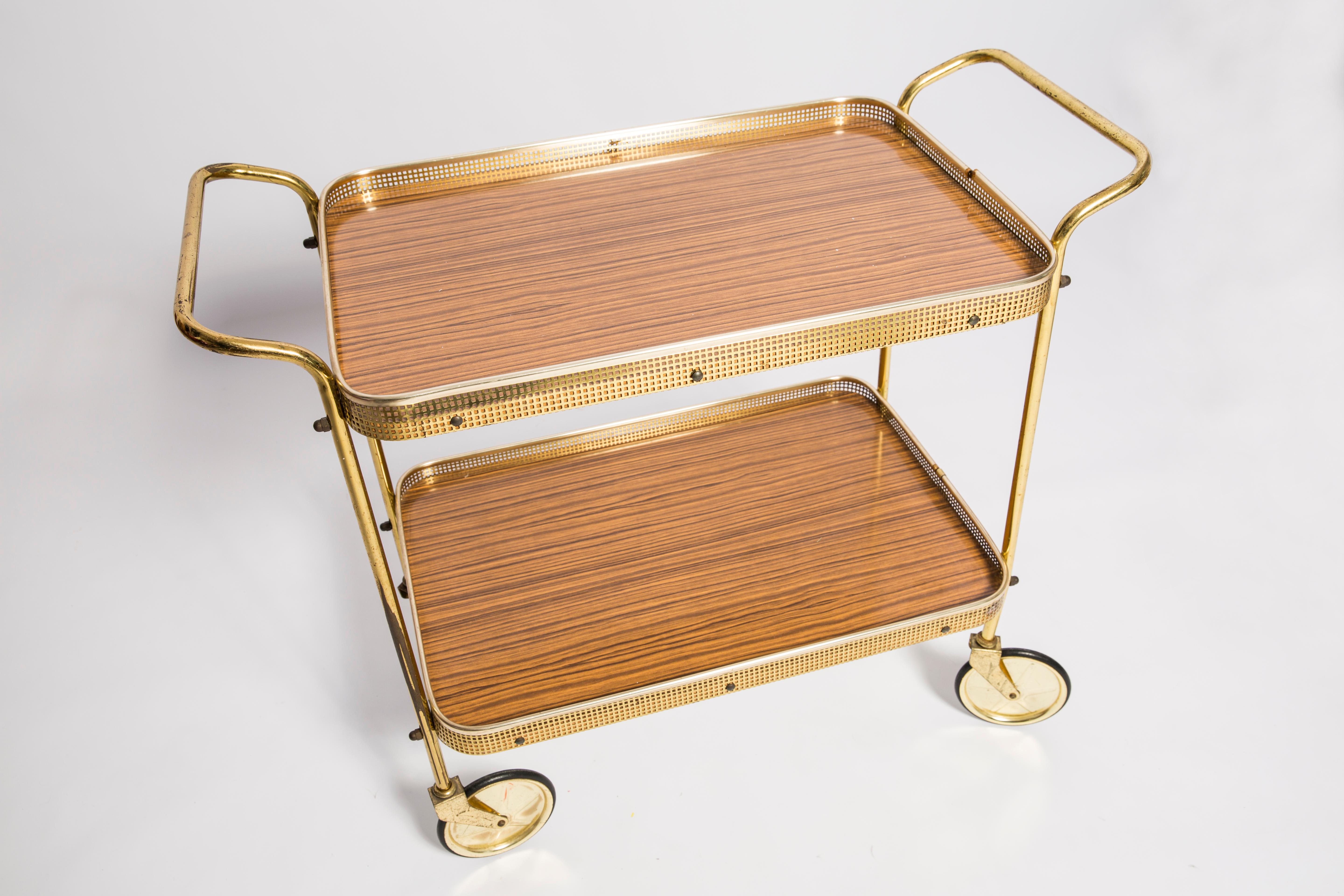 Bamboo Mid-Century Modern Vintage Bart Cart, Gold and Wood, Europe, 1960s For Sale