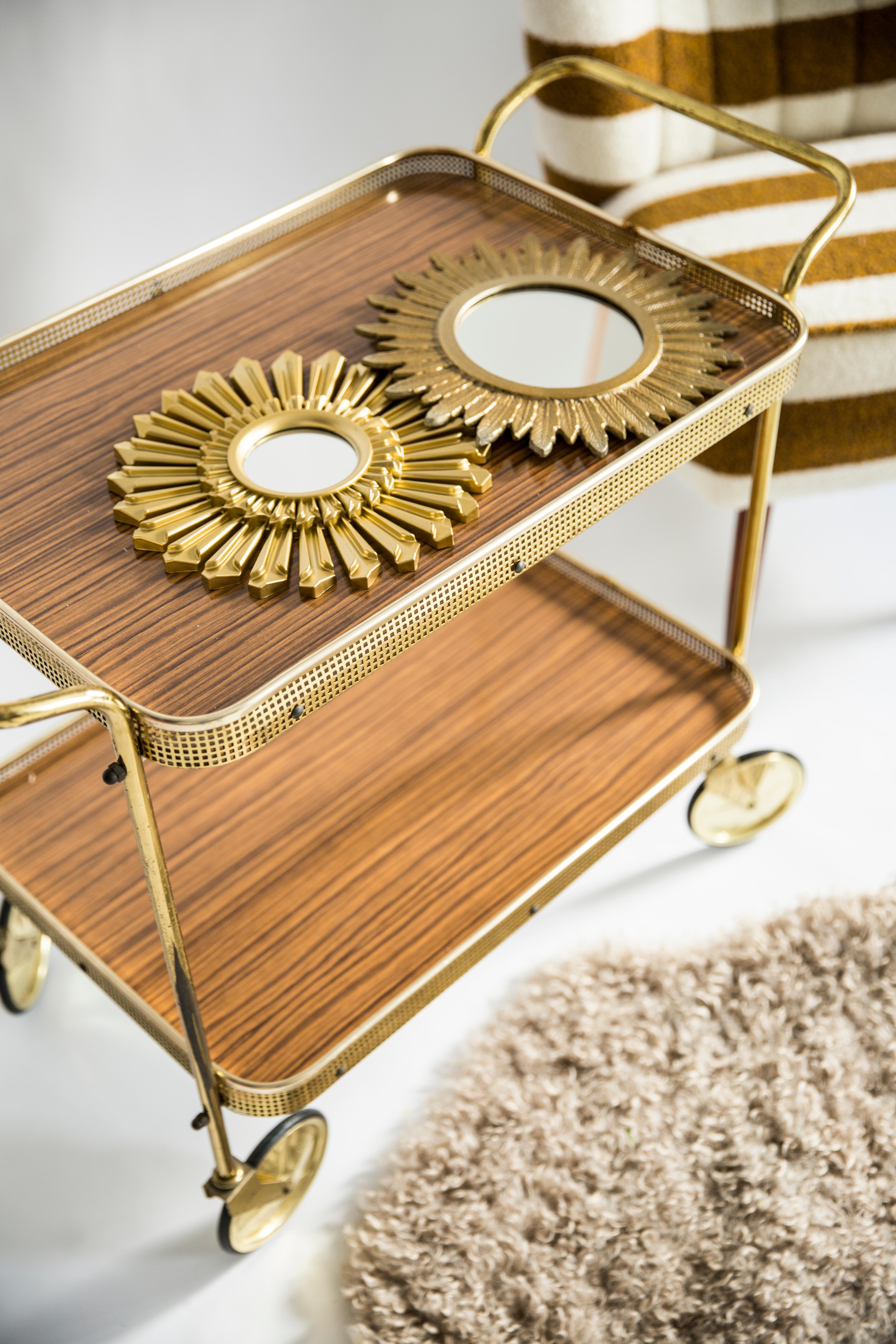 French Mid-Century Modern Vintage Bart Cart, Gold and Wood, Europe, 1960s For Sale