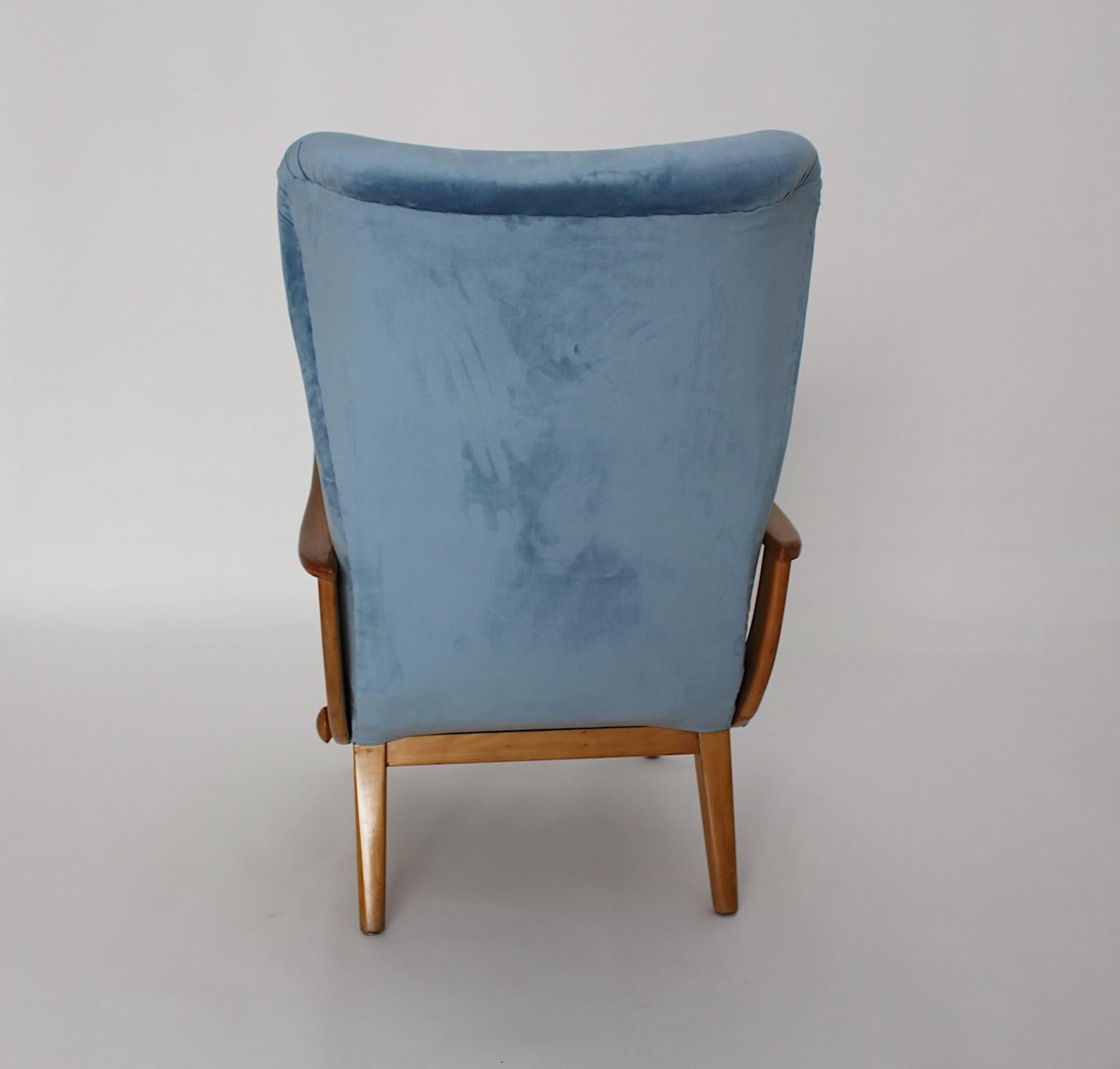 Mid-Century Modern Vintage Beech Blue Armchair Lounge Chair Austria, 1950s For Sale 3
