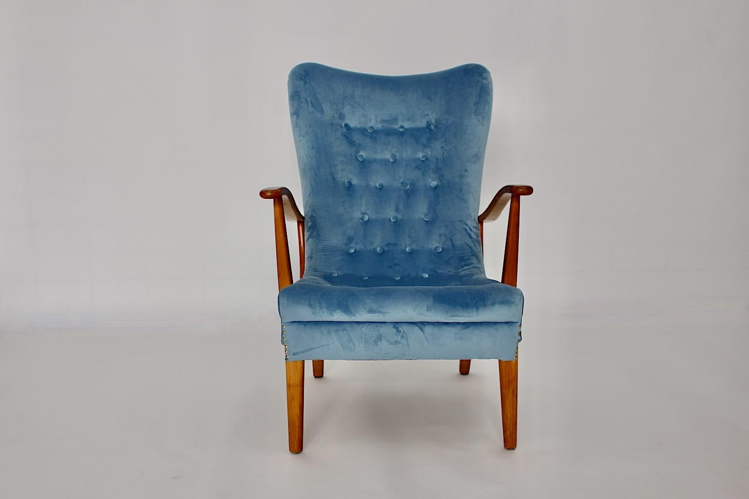 Mid-Century Modern Vintage Beech Blue Armchair Lounge Chair Austria, 1950s For Sale 4