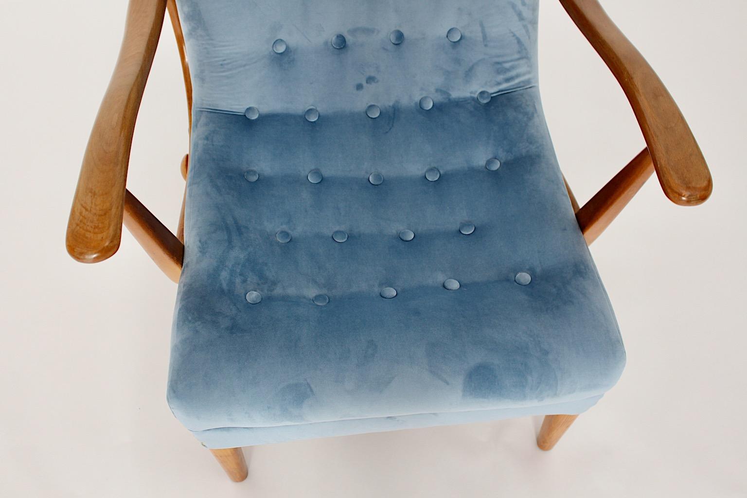 Mid-Century Modern Vintage Beech Blue Armchair Lounge Chair Austria, 1950s For Sale 5