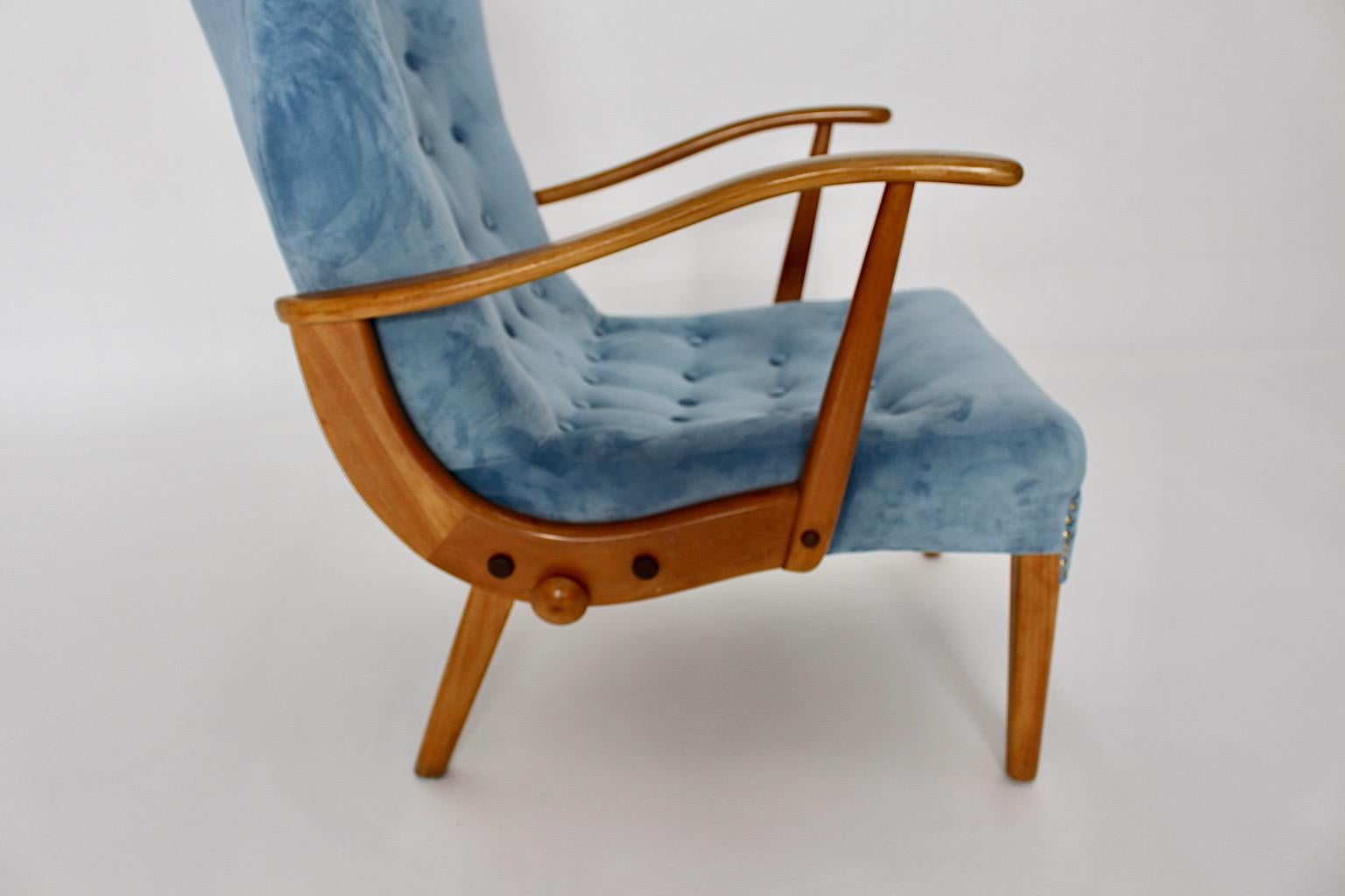 Mid-Century Modern Vintage-Sessel-Loungesessel aus Buche in Blau, Österreich, 1950er Jahre (Österreichisch) im Angebot