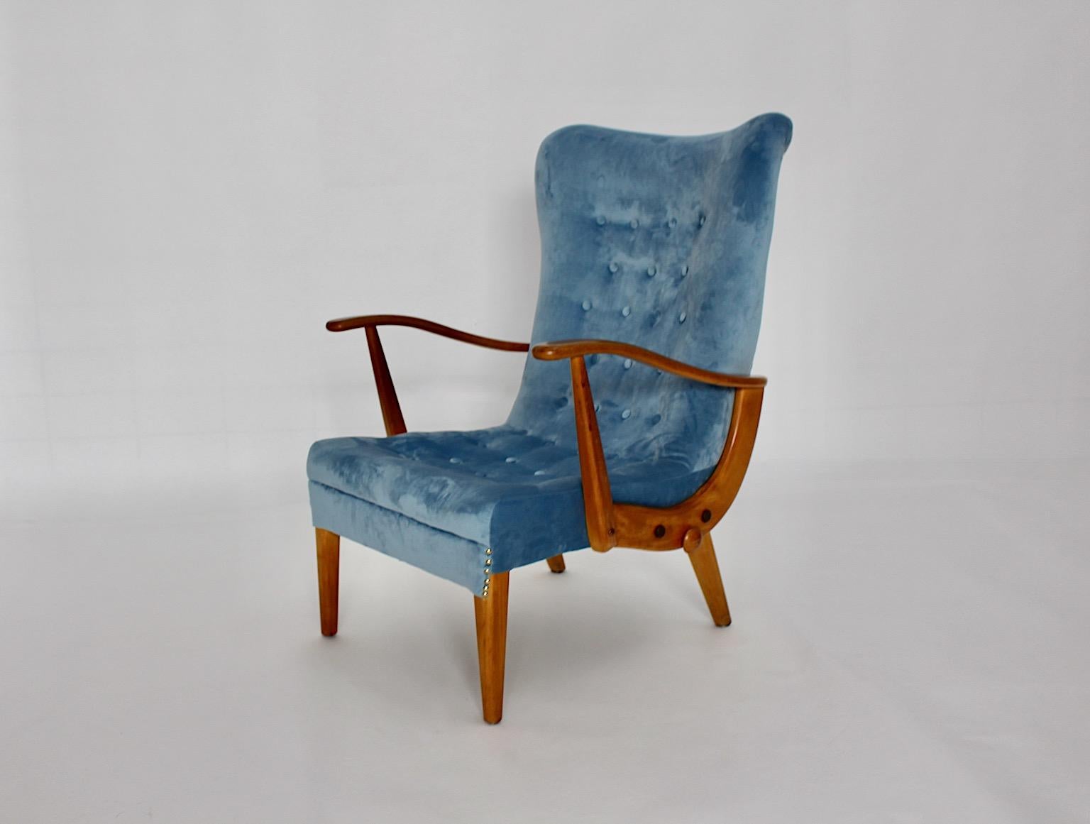 Austrian Mid-Century Modern Vintage Beech Blue Armchair Lounge Chair Austria, 1950s For Sale