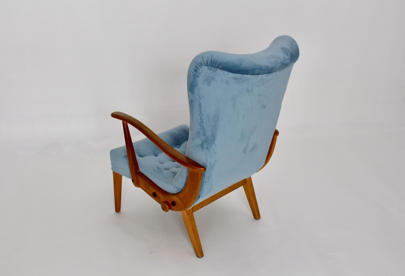 Mid-20th Century Mid-Century Modern Vintage Beech Blue Armchair Lounge Chair Austria, 1950s For Sale