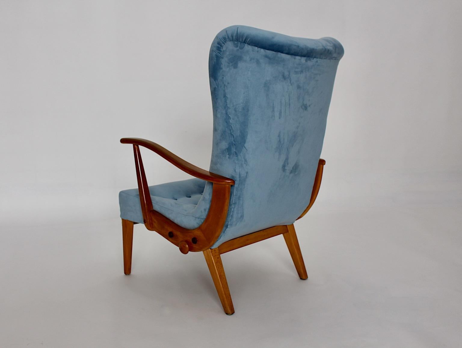 Mid-Century Modern Vintage Beech Blue Armchair Lounge Chair Austria, 1950s For Sale 1