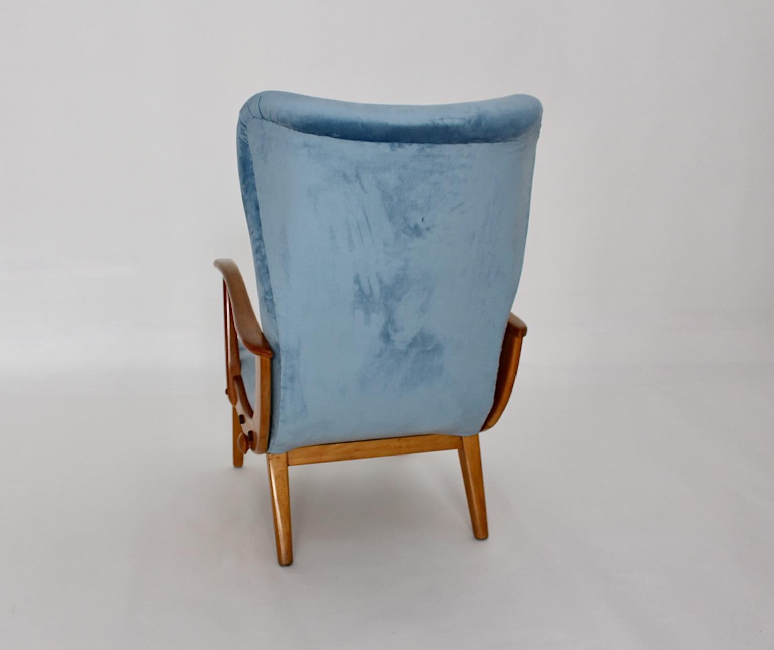 Mid-Century Modern Vintage Beech Blue Armchair Lounge Chair Austria, 1950s For Sale 2
