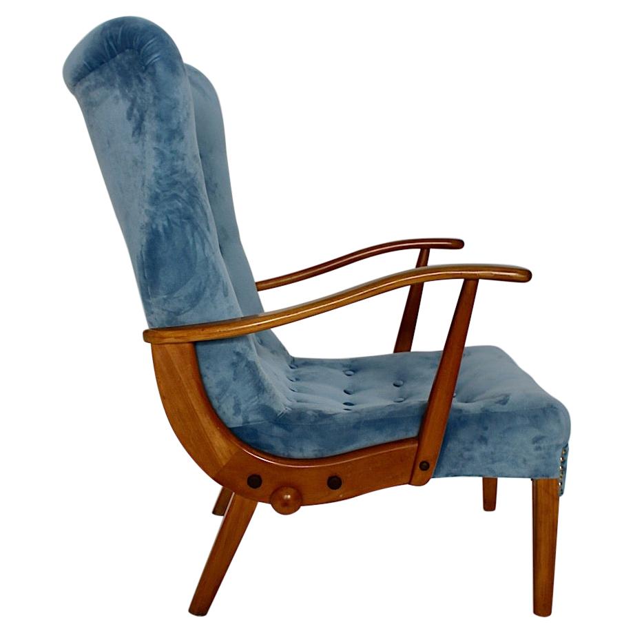 Mid-Century Modern Vintage Beech Blue Armchair Lounge Chair Austria, 1950s