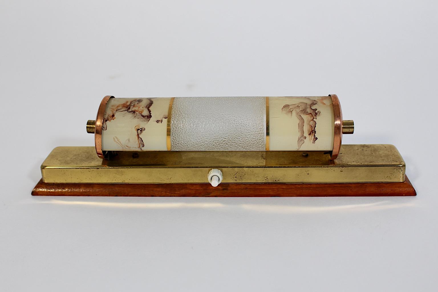 Mid Century Modern Vintage Beech Brass Copper Glass Pastel Brown Sconce 1940s For Sale 4