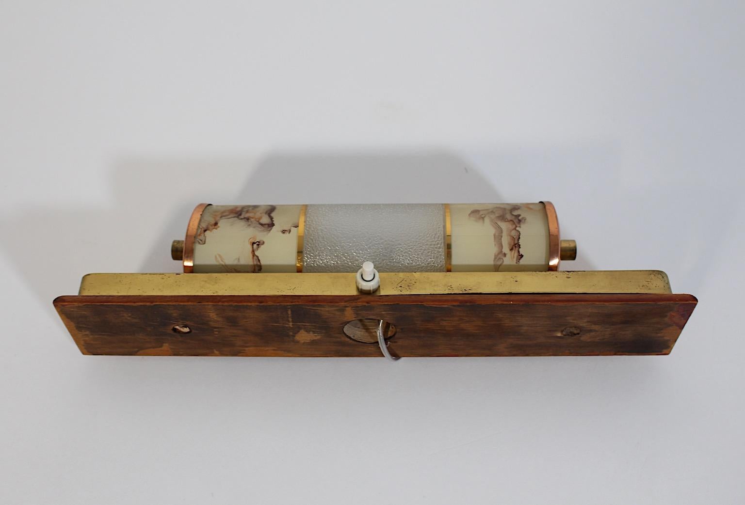 Mid Century Modern Vintage Beech Brass Copper Glass Pastel Brown Sconce 1940s For Sale 6