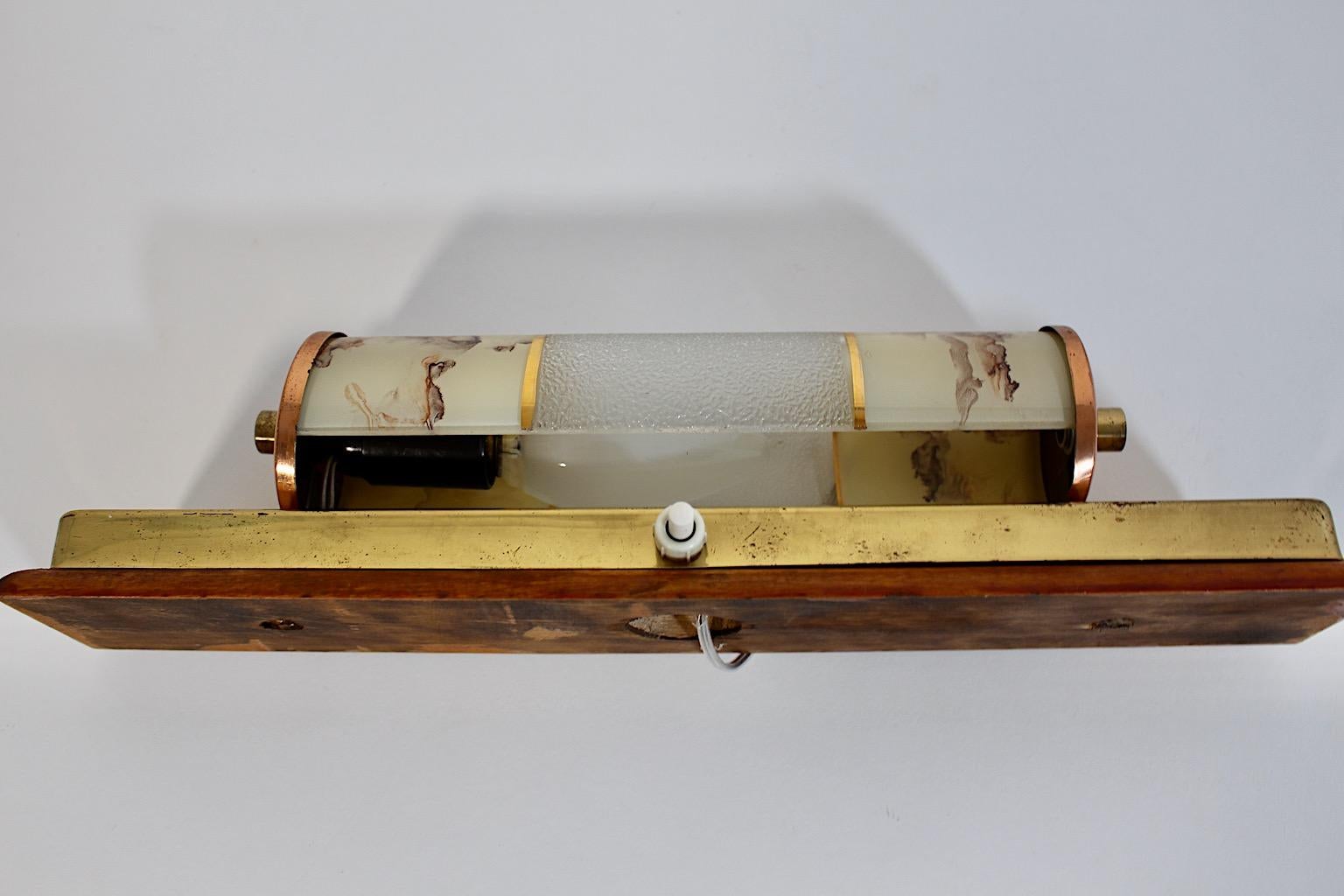 Mid Century Modern Vintage Beech Brass Copper Glass Pastel Brown Sconce 1940s For Sale 11