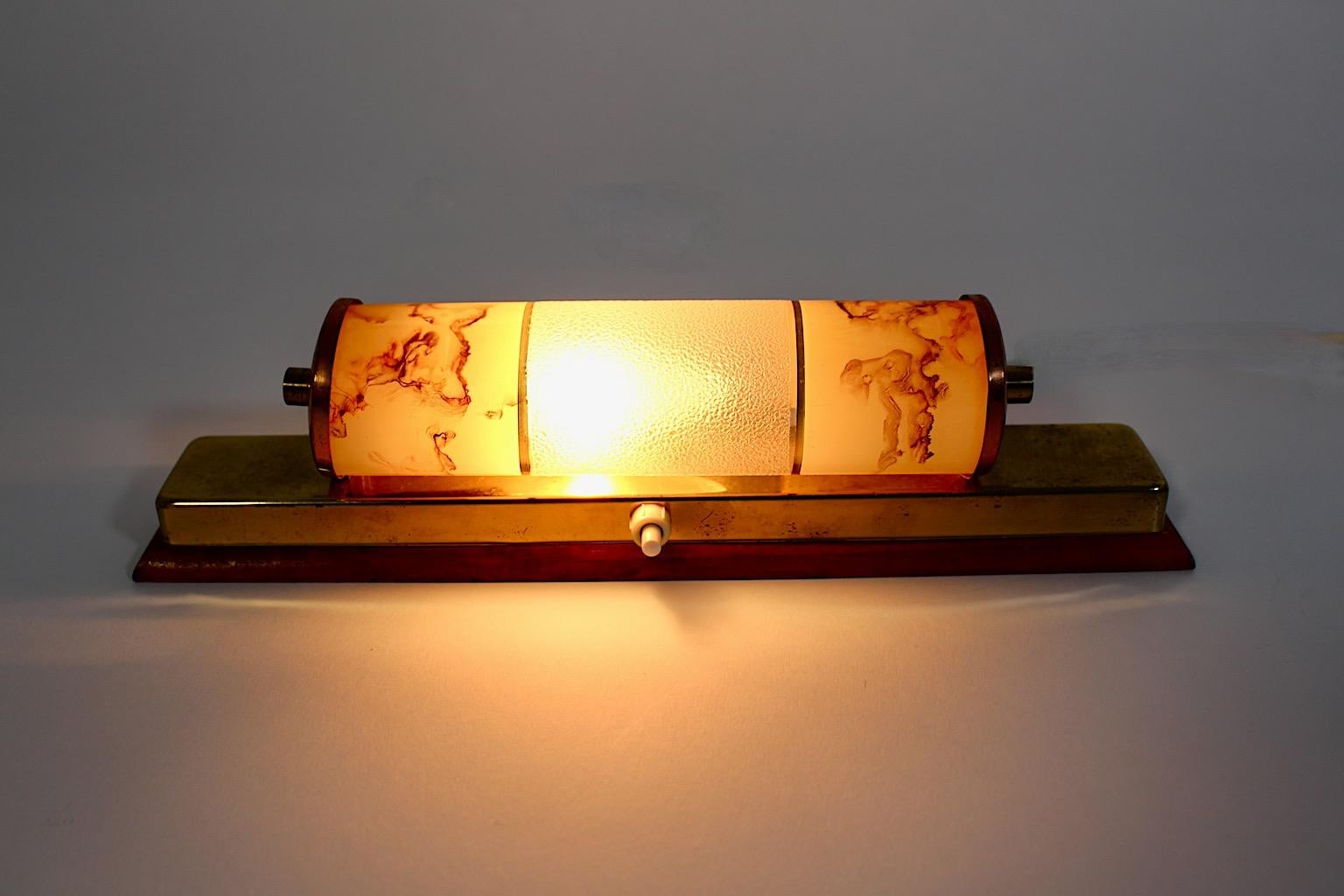 Mid-Century Modern Mid Century Modern Vintage Beech Brass Copper Glass Pastel Brown Sconce 1940s For Sale
