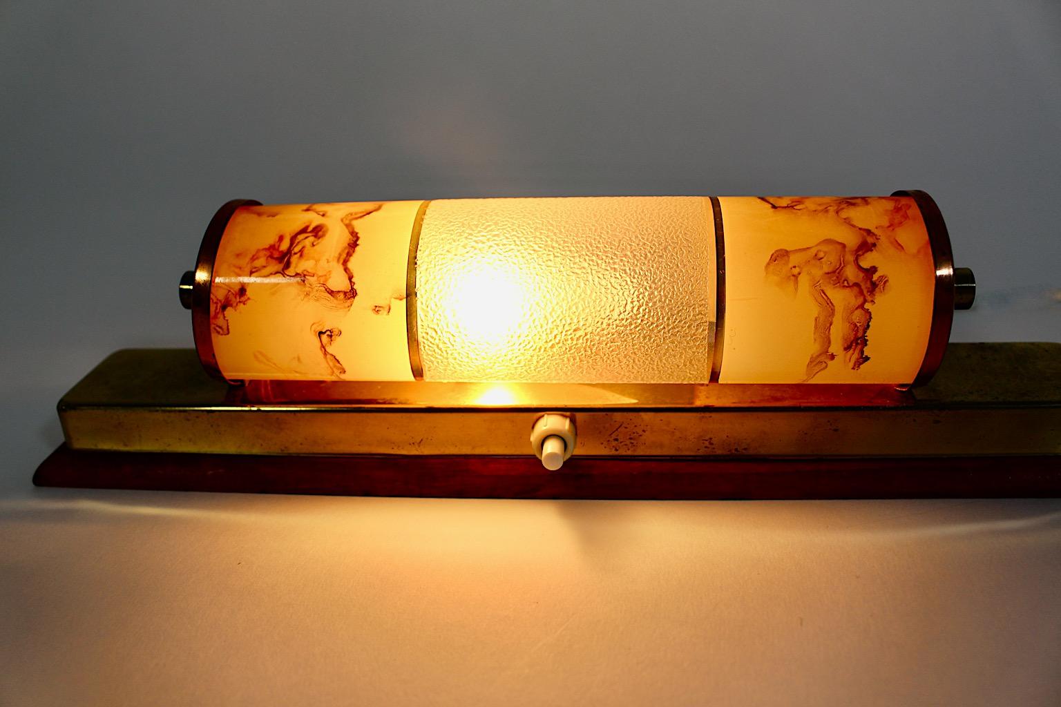 Austrian Mid Century Modern Vintage Beech Brass Copper Glass Pastel Brown Sconce 1940s For Sale