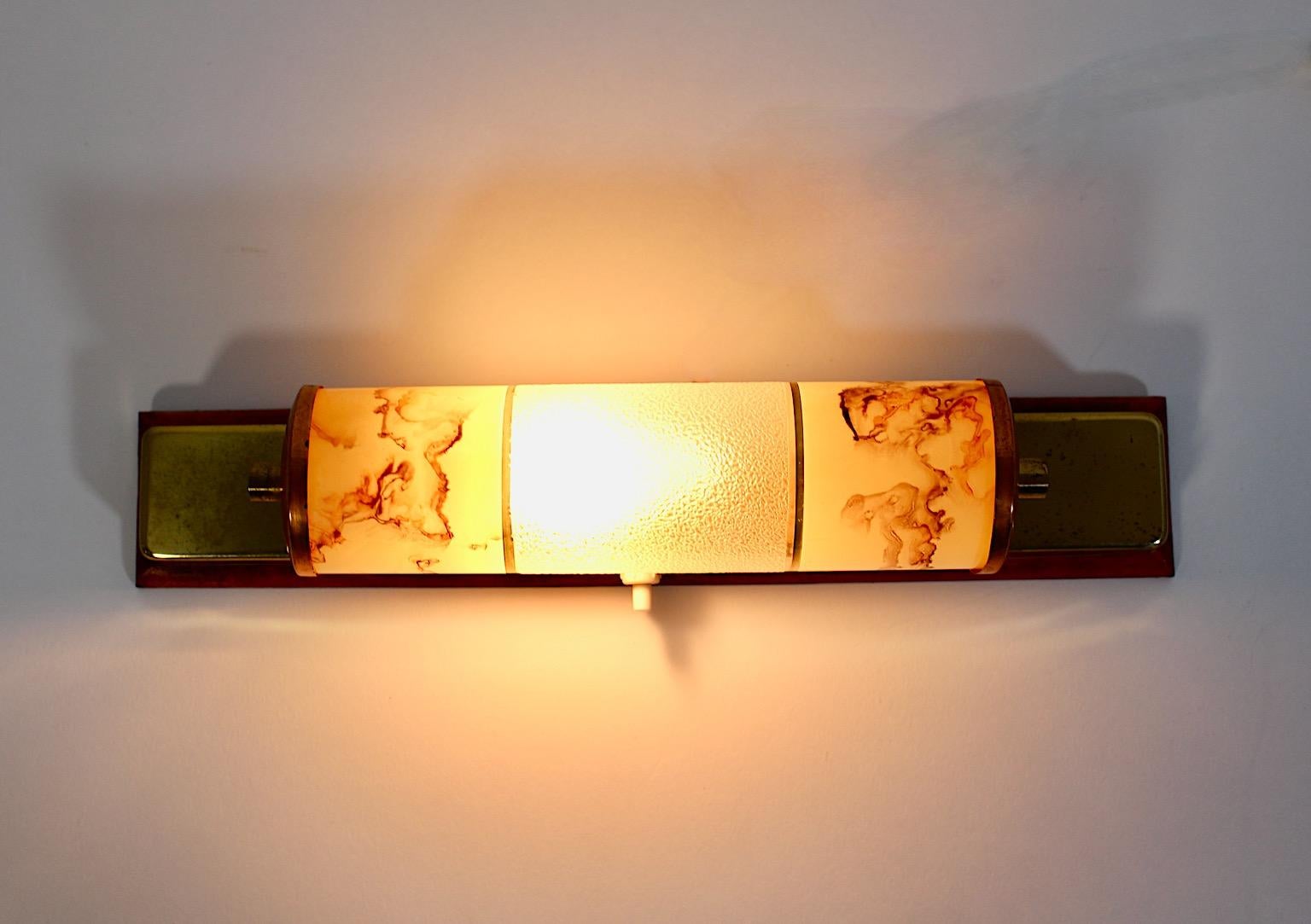 Mid Century Modern Vintage Beech Brass Copper Glass Pastel Brown Sconce 1940s For Sale 1