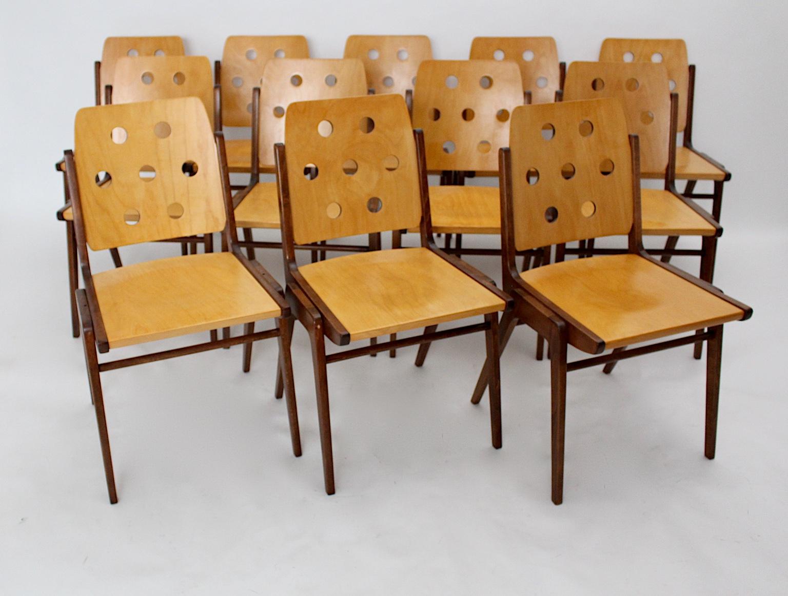 20th Century Mid-Century Modern Vintage Beech Twelve Dining Chairs Franz Schuster, Austria