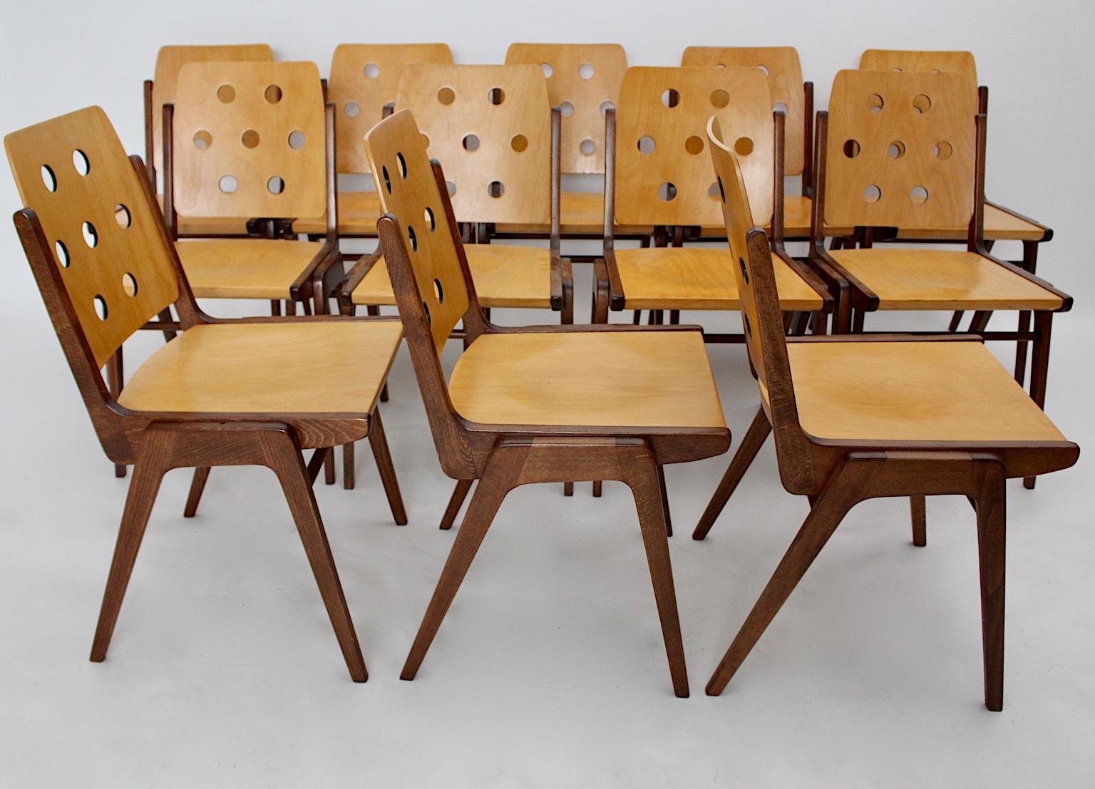 Mid-Century Modern Vintage Beech Twelve Dining Chairs Franz Schuster, Austria 1