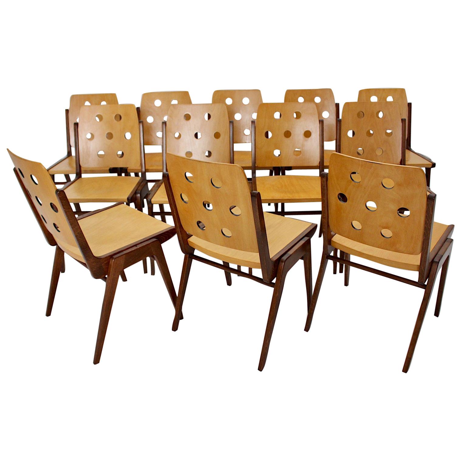 Mid-Century Modern Vintage Beech Twelve Dining Chairs Franz Schuster, Austria