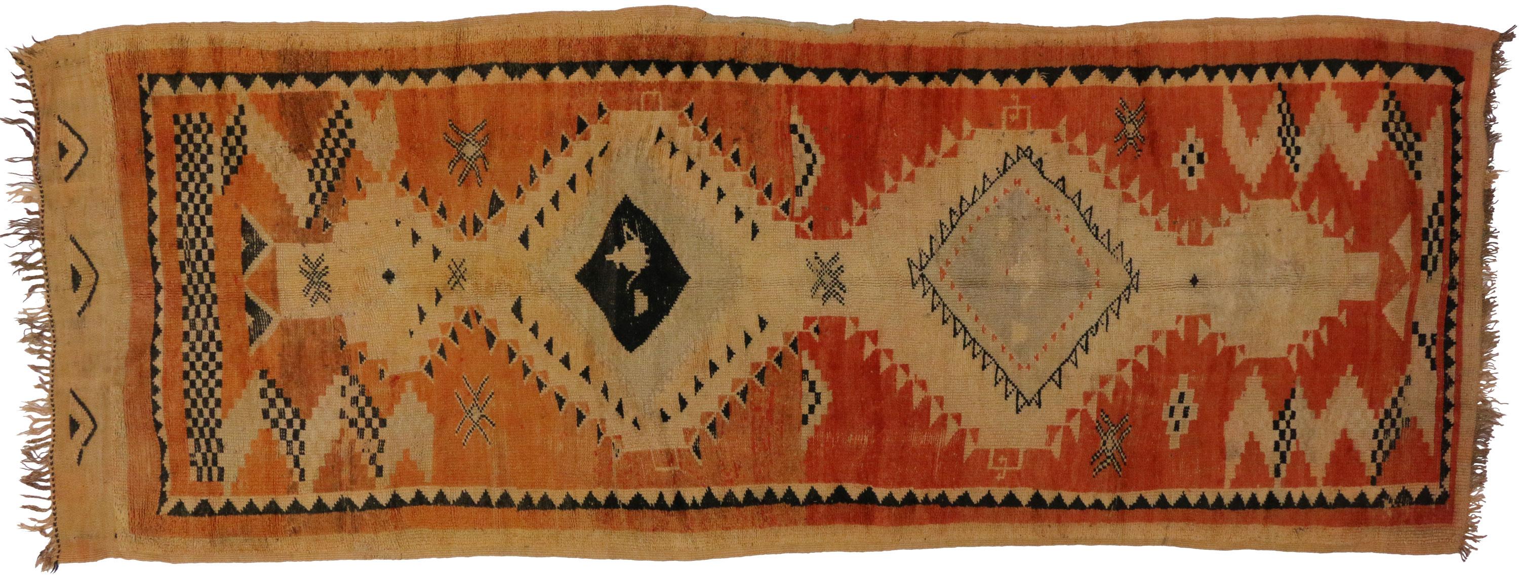 Wool Mid-Century Modern Vintage Berber Moroccan Runner with Tribal Design