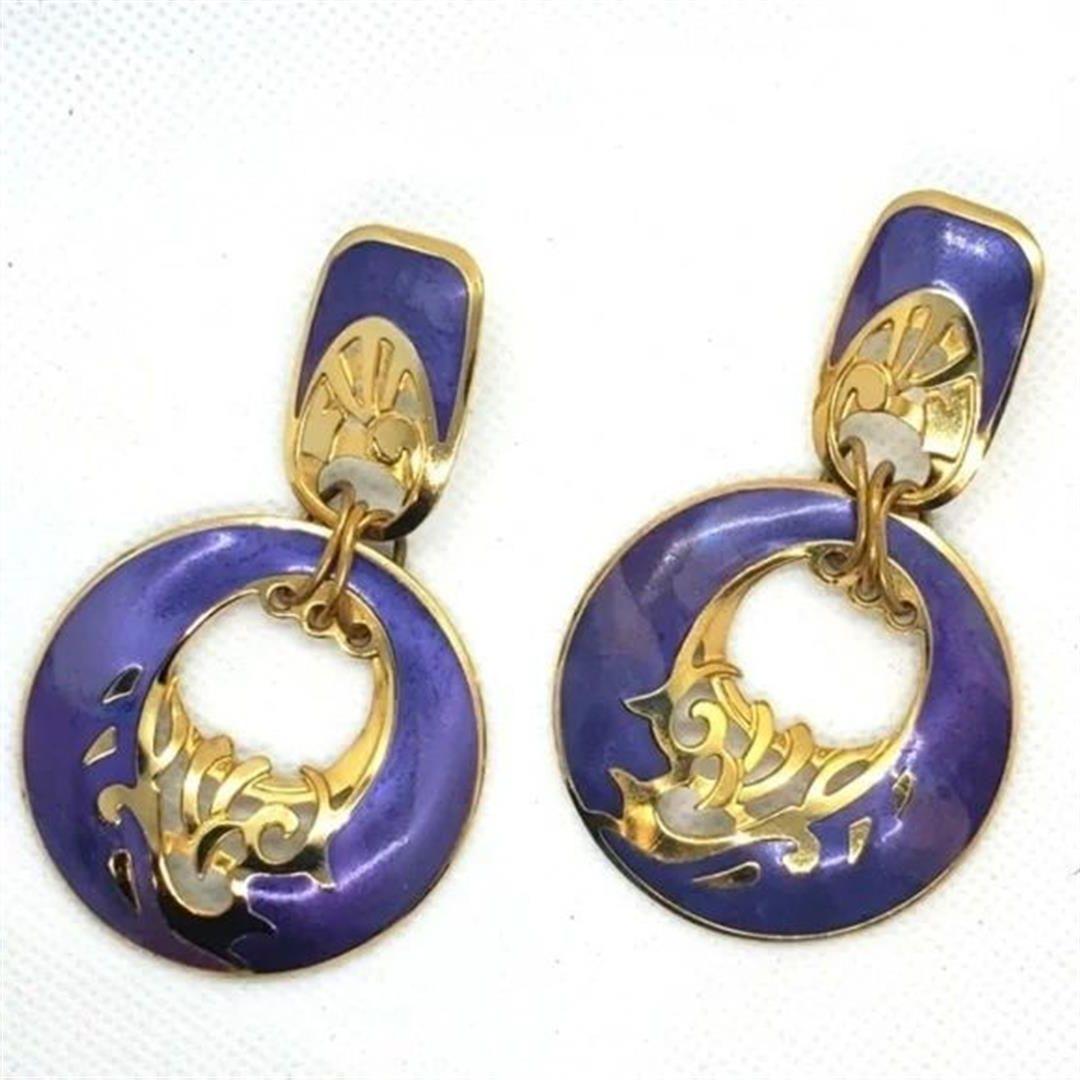 Modernist Mid Century Modern Vintage BEREBI Gold and Purple Enamel Drop Dangle Earrings For Sale