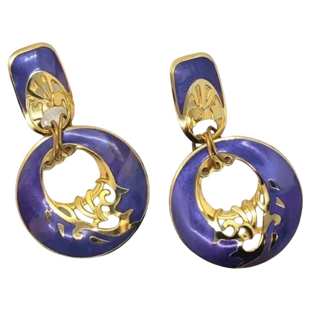 Mid Century Modern Vintage BEREBI Gold and Purple Enamel Drop Dangle Earrings For Sale