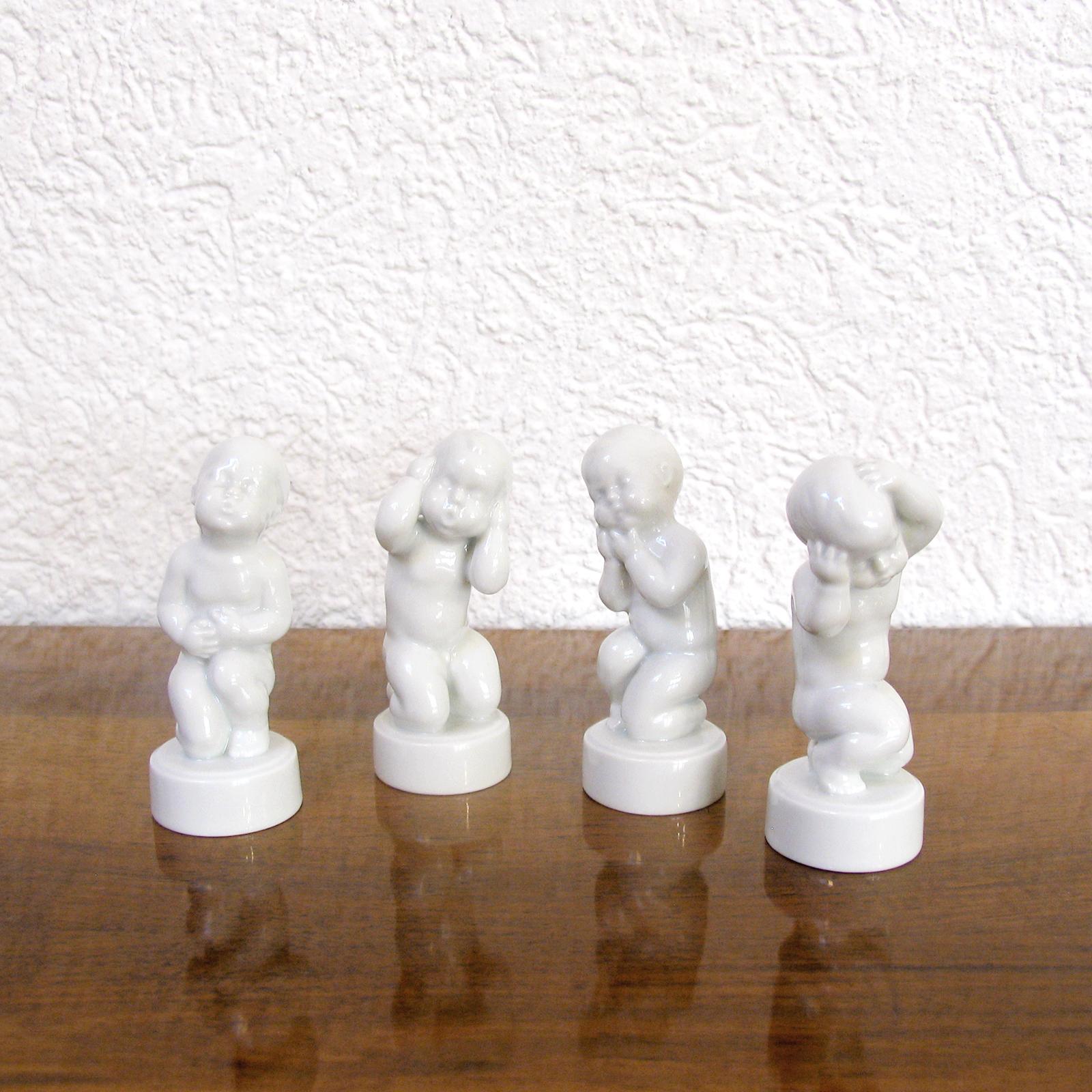 Mid-Century Modern vintage Bing & Grondhal Danish Porcelain figurines children.
Set of four Blanc de Chine porcelain figurines designed by Svend Lindhart for Bing & Grondahl, Denmark, 1970s.
Each figurine is depicting a child suffering of a