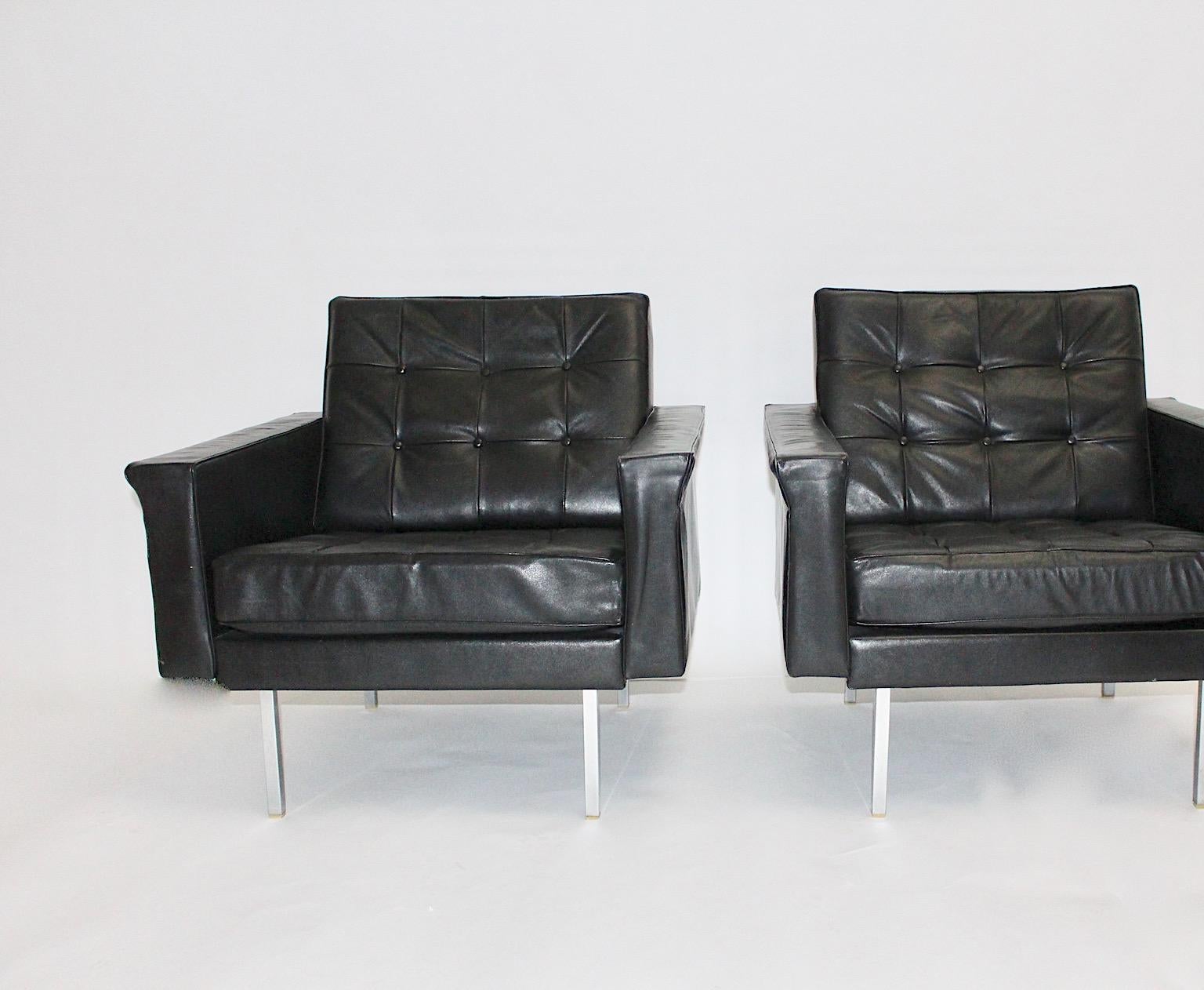 Austrian Mid-Century Modern Vintage Black Leather Pair Club Chairs Johannes Spalt, 1960s For Sale
