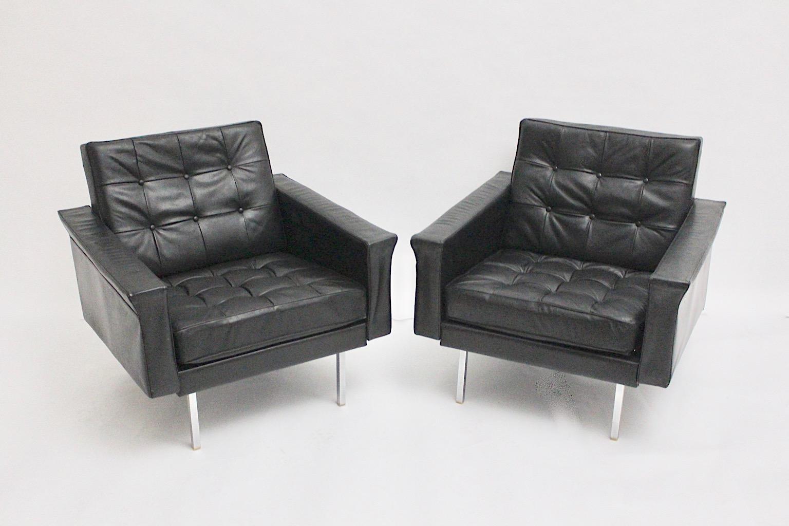 Mid-Century Modern Vintage Black Leather Pair Club Chairs Johannes Spalt, 1960s In Good Condition For Sale In Vienna, AT