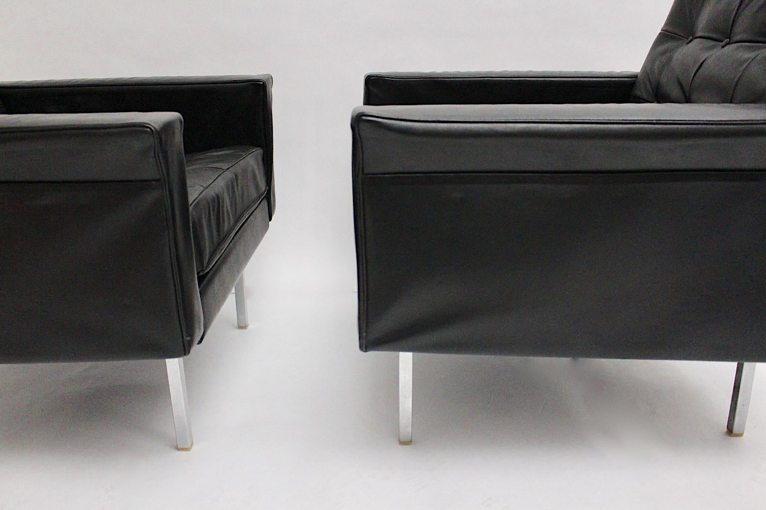 Mid-20th Century Mid-Century Modern Vintage Black Leather Pair Club Chairs Johannes Spalt, 1960s For Sale