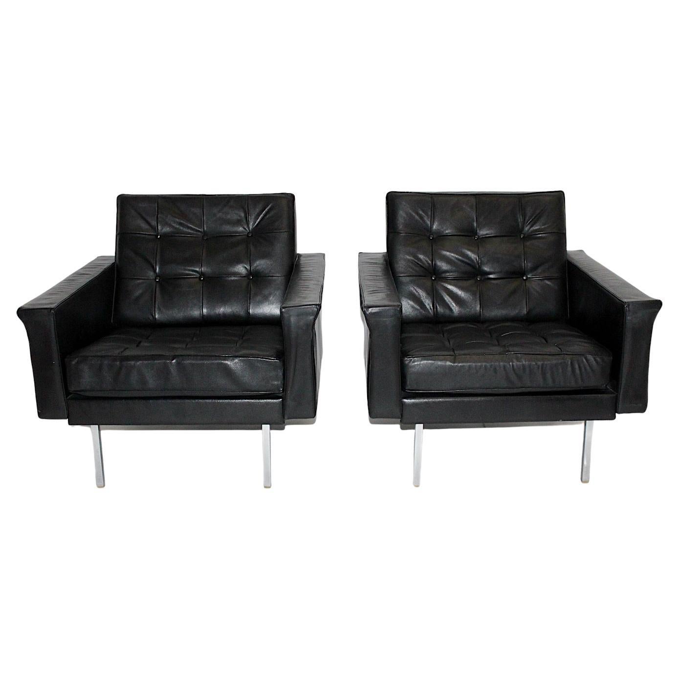 Mid-Century Modern Vintage Black Leather Pair Club Chairs Johannes Spalt, 1960s For Sale
