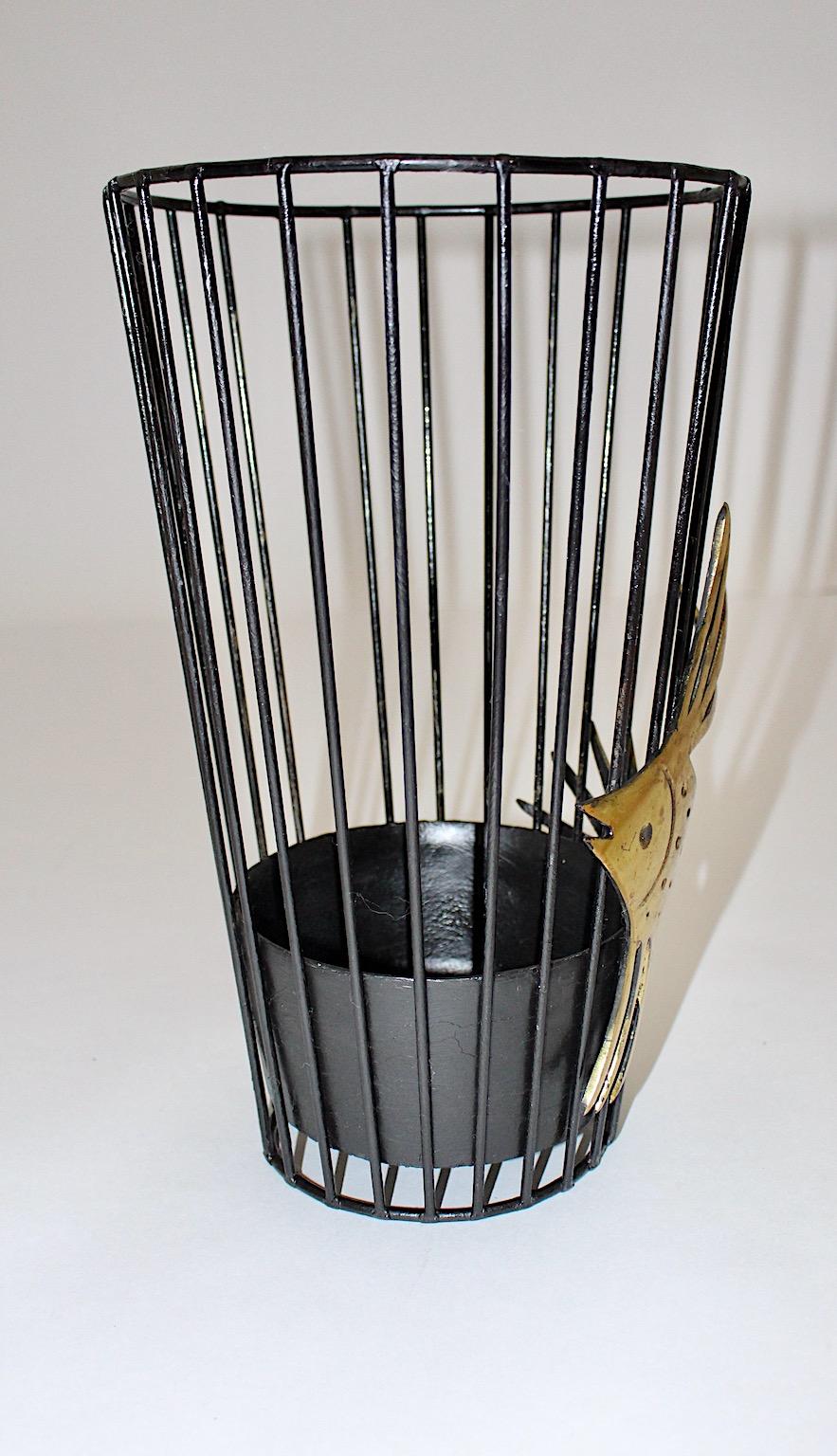 Mid Century Modern Vintage Black Metal Brass Umbrella Stand Walter Bosse Austria For Sale 4