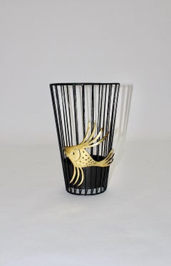 Mid Century Modern Vintage Black Metal Brass Umbrella Stand Walter Bosse Austria