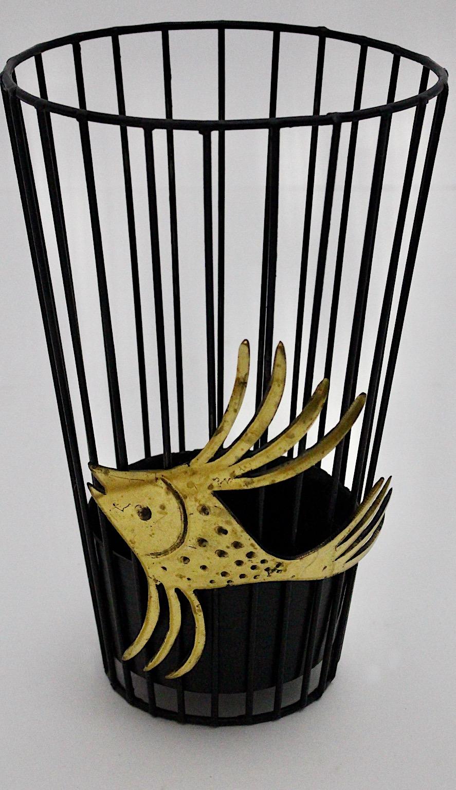 Mid Century Modern Vintage Black Metal Brass Umbrella Stand Walter Bosse Austria For Sale 1