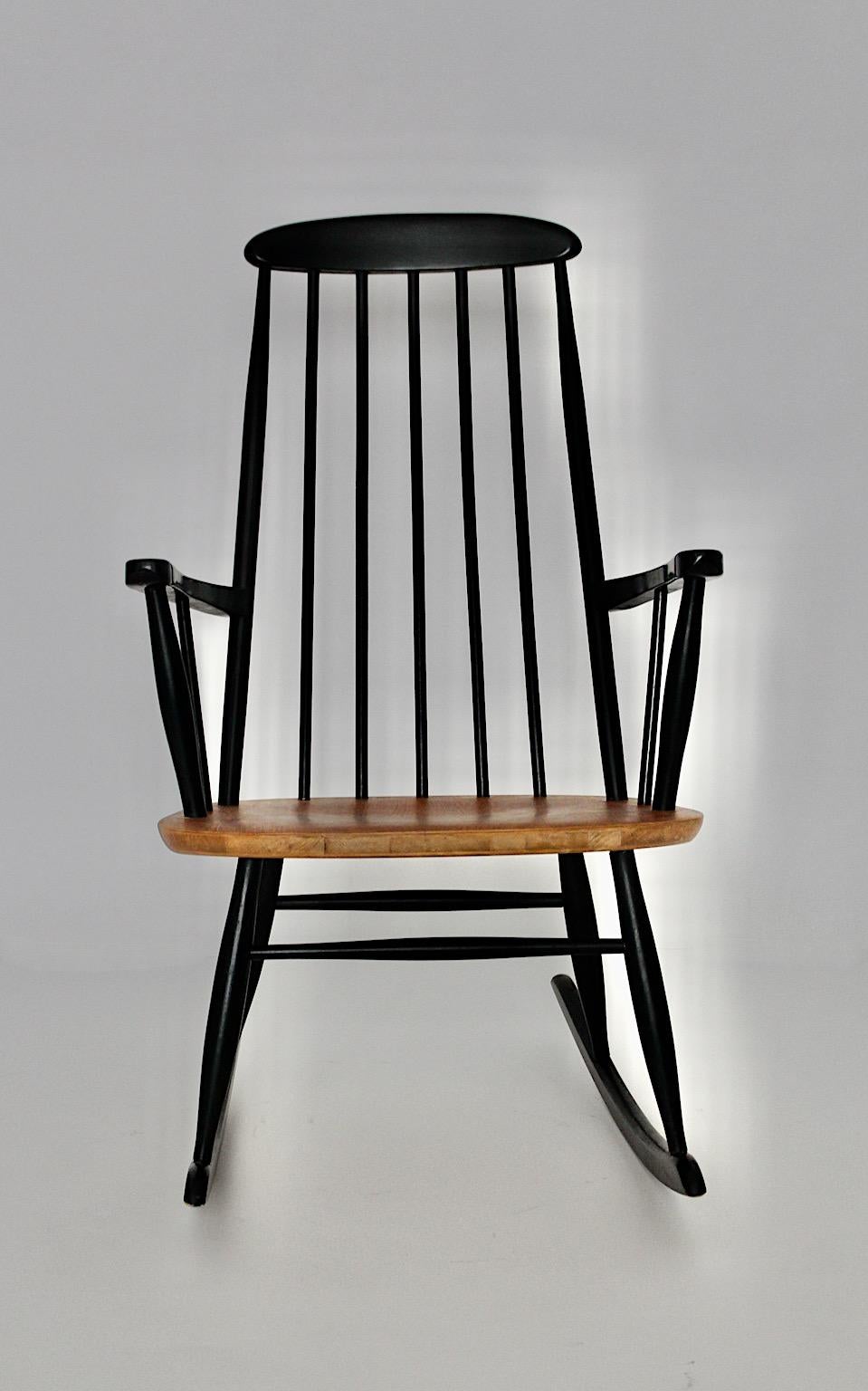 Finnish Mid-Century Modern Vintage Black Rocking Chair Ilmari Tapiovaara 1950s Finland For Sale