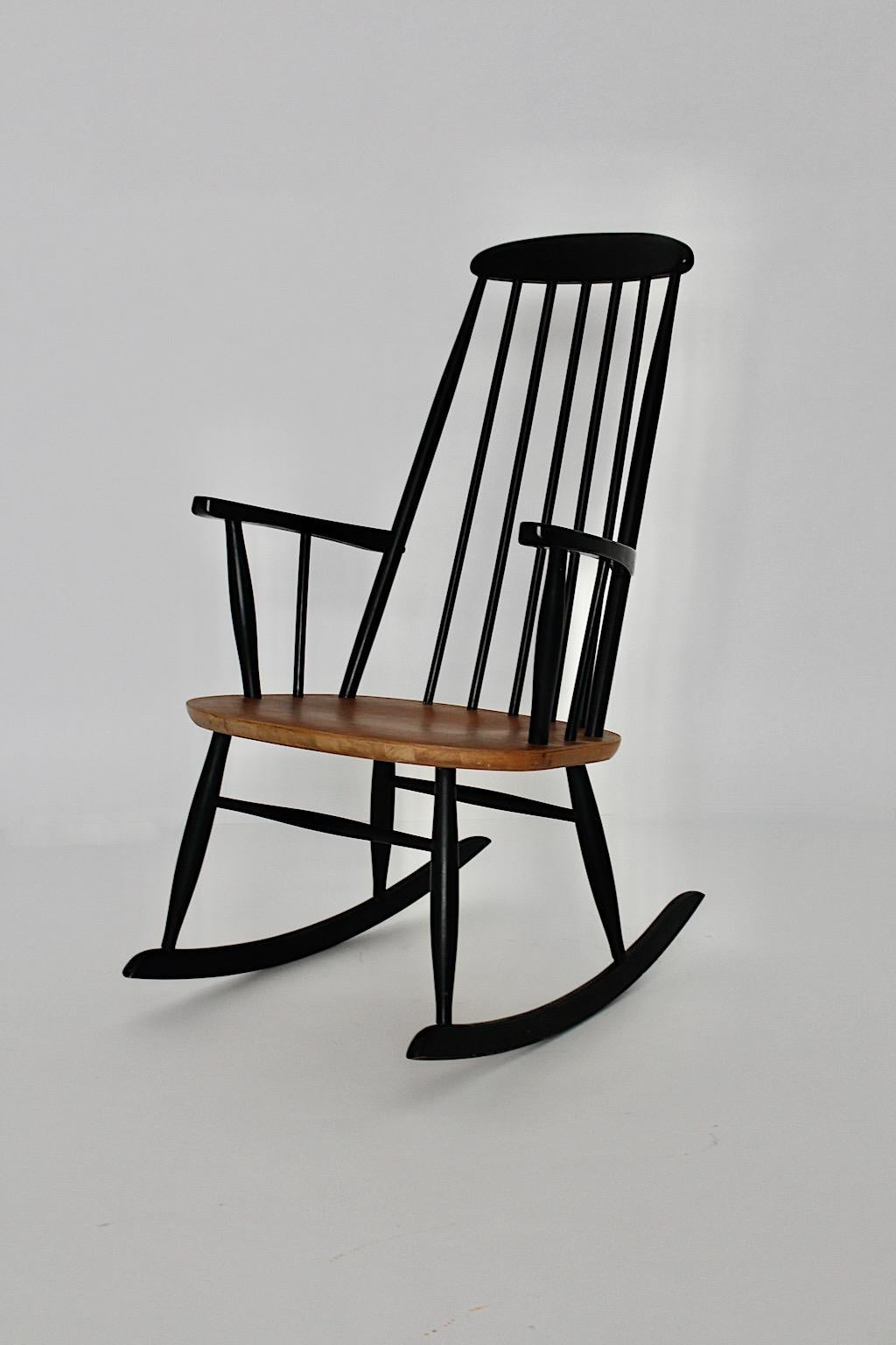 Finnish Mid-Century Modern Vintage Black Rocking Chair Ilmari Tapiovaara 1950s Finland For Sale