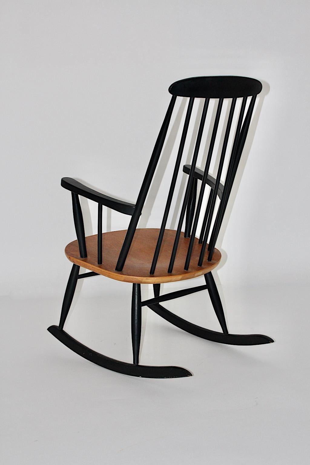 Beech Mid-Century Modern Vintage Black Rocking Chair Ilmari Tapiovaara 1950s Finland For Sale