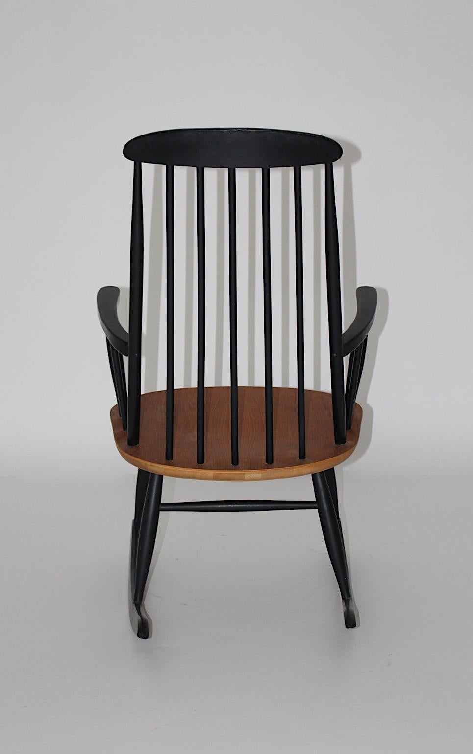 Beech Mid-Century Modern Vintage Black Rocking Chair Ilmari Tapiovaara 1950s Finland For Sale