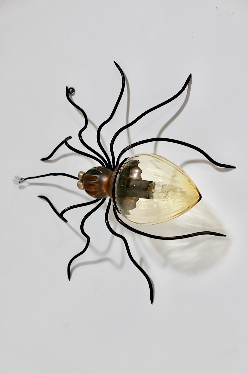 Mid Century Modern Vintage Black Yellow Glass Copper Brass Spider Sconce Italy For Sale 4