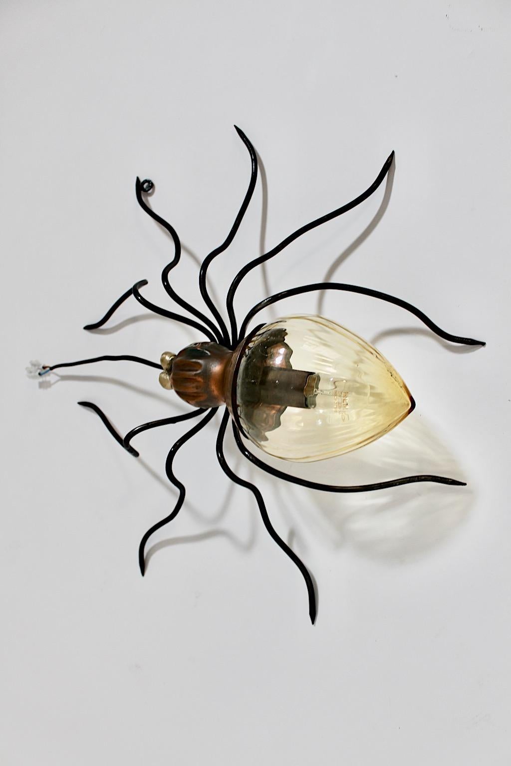 Mid Century Modern Vintage Black Yellow Glass Copper Brass Spider Sconce Italy For Sale 3