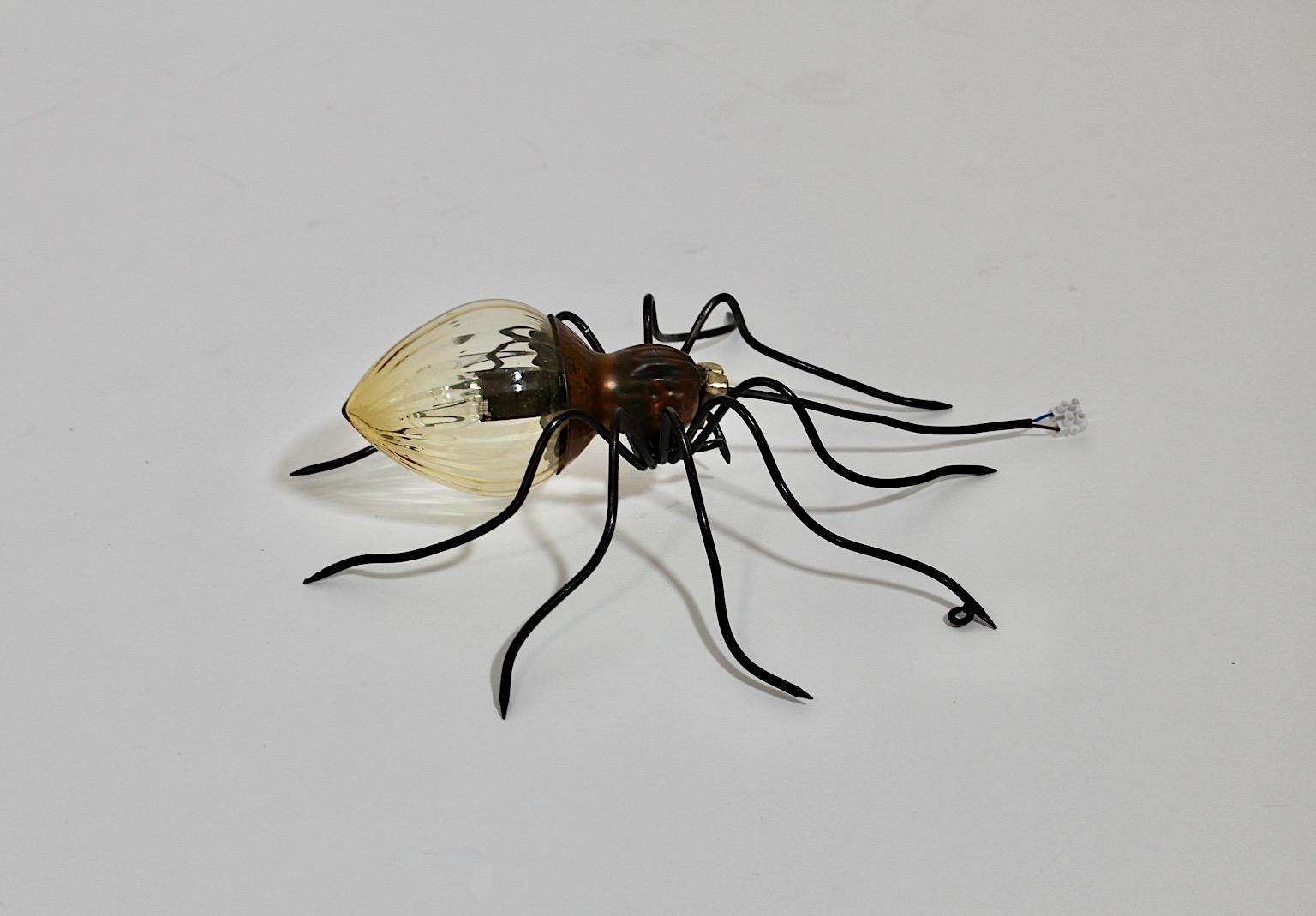 Italian Mid Century Modern Vintage Black Yellow Glass Copper Brass Spider Sconce Italy For Sale