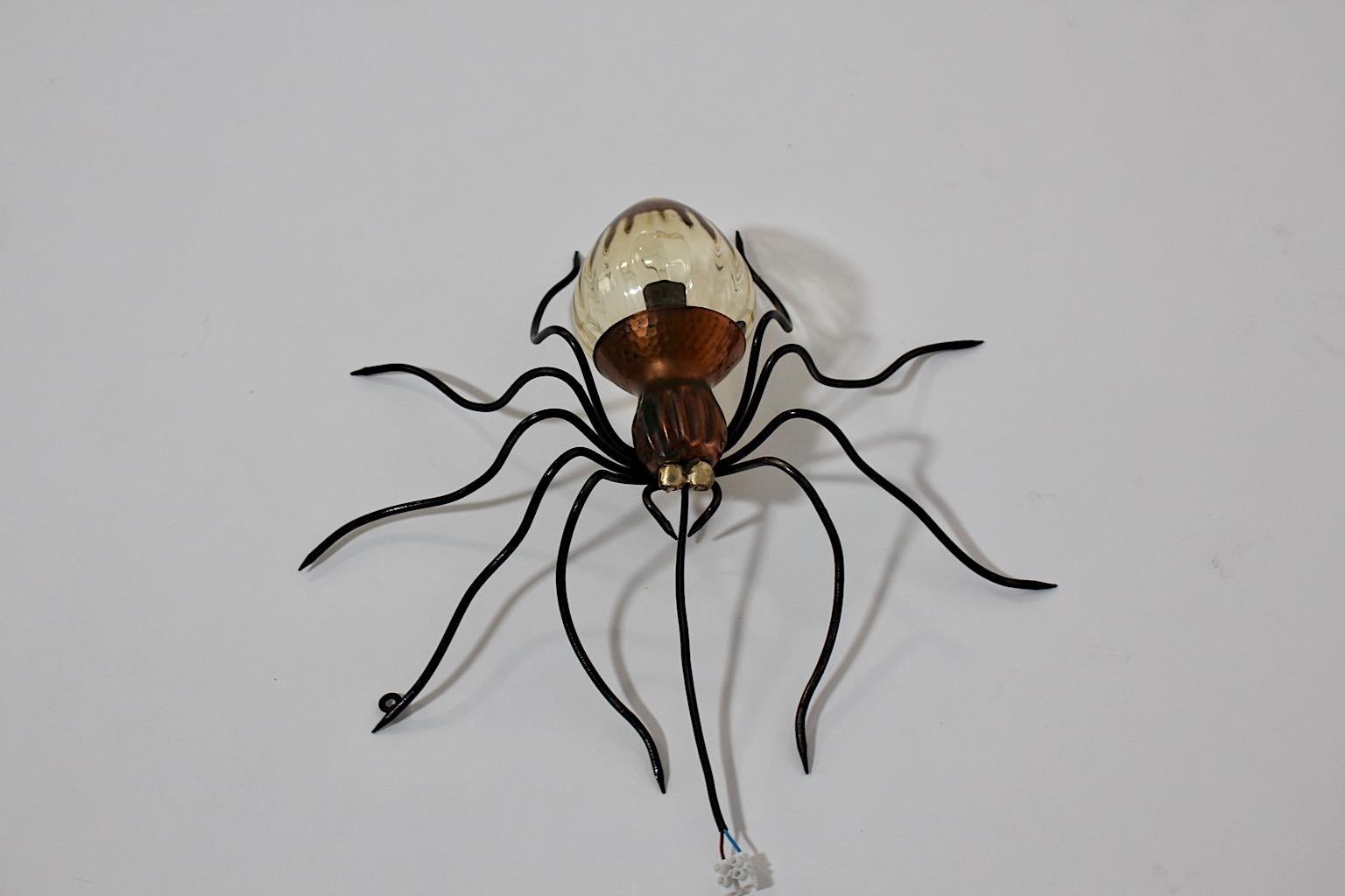 Mid-20th Century Mid Century Modern Vintage Black Yellow Glass Copper Brass Spider Sconce Italy For Sale