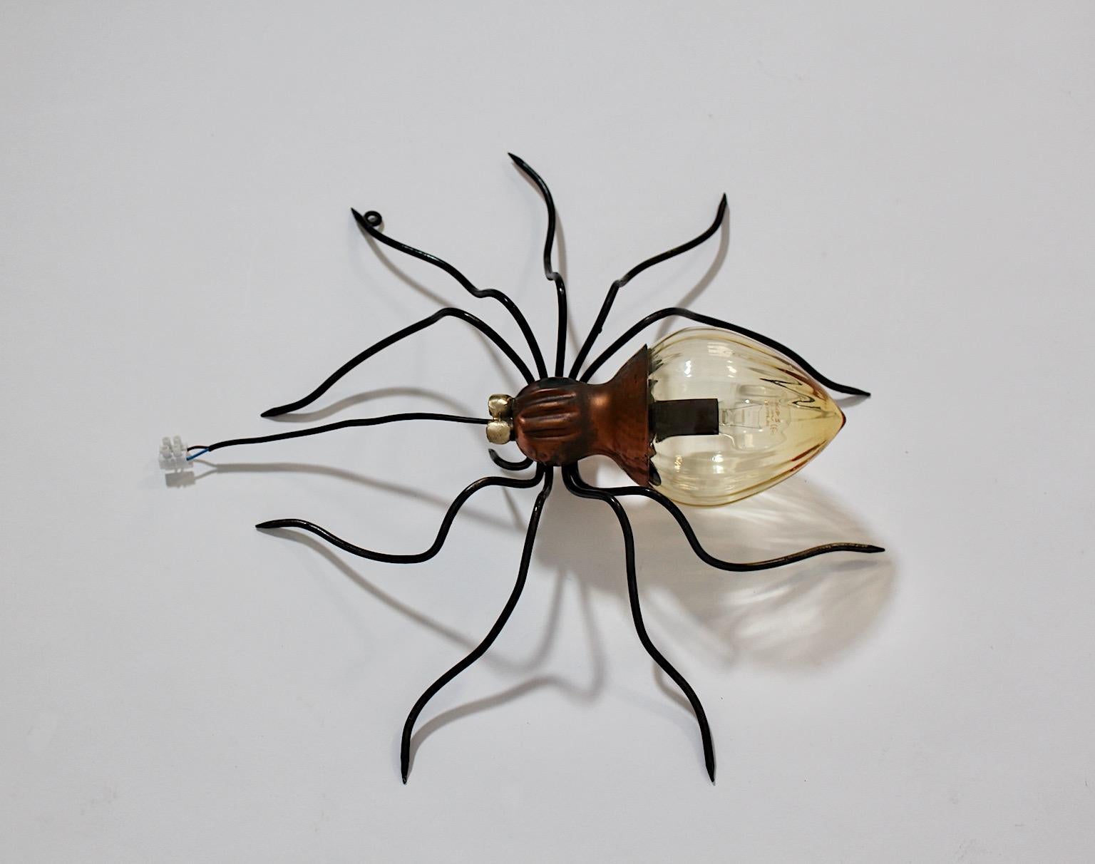 Mid Century Modern Vintage Black Yellow Glass Copper Brass Spider Sconce Italy For Sale 1