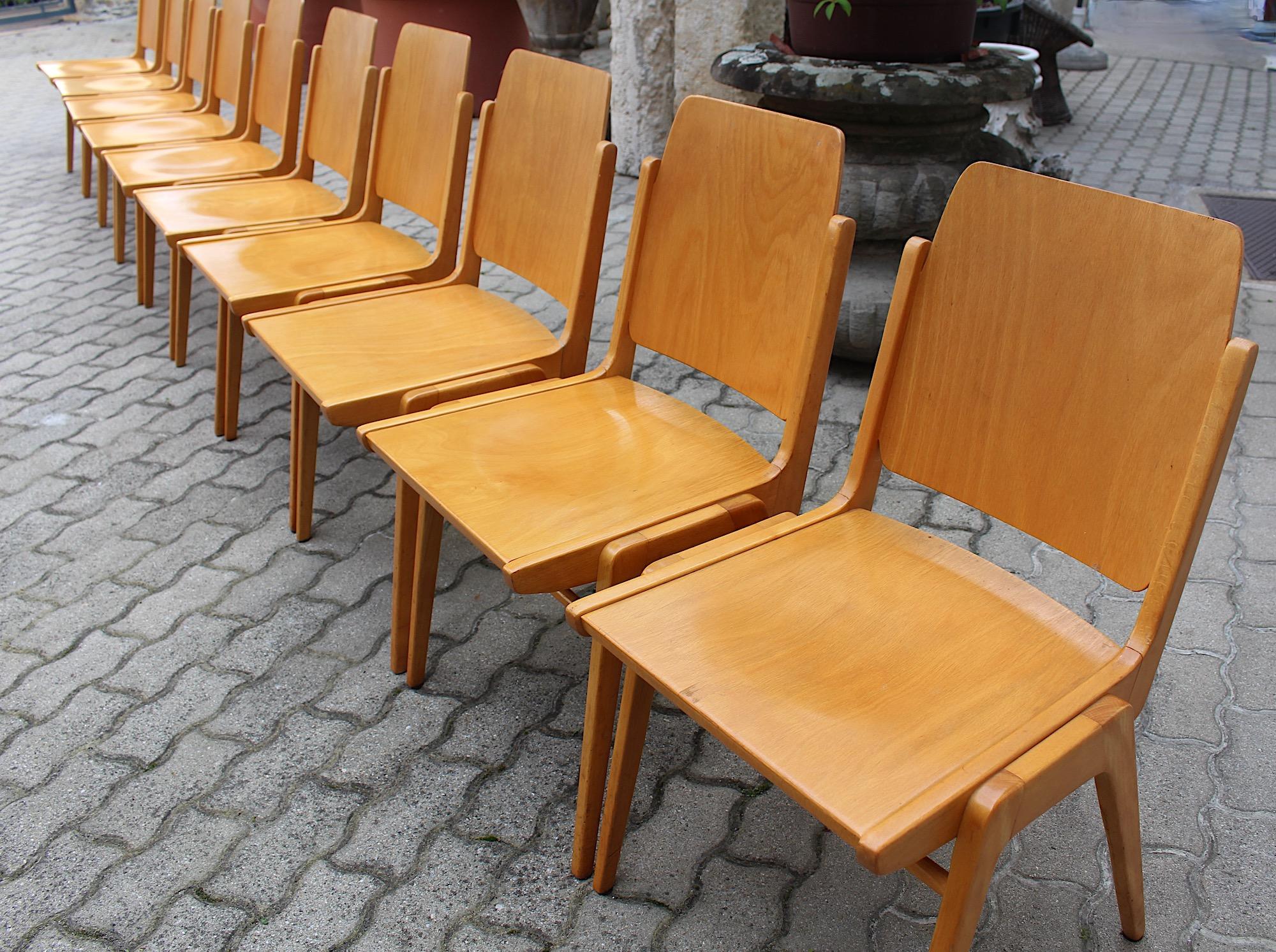 Mid Century Modern Vintage Ten Blond Dining Chairs Stacking Chair Franz Schuster For Sale 3