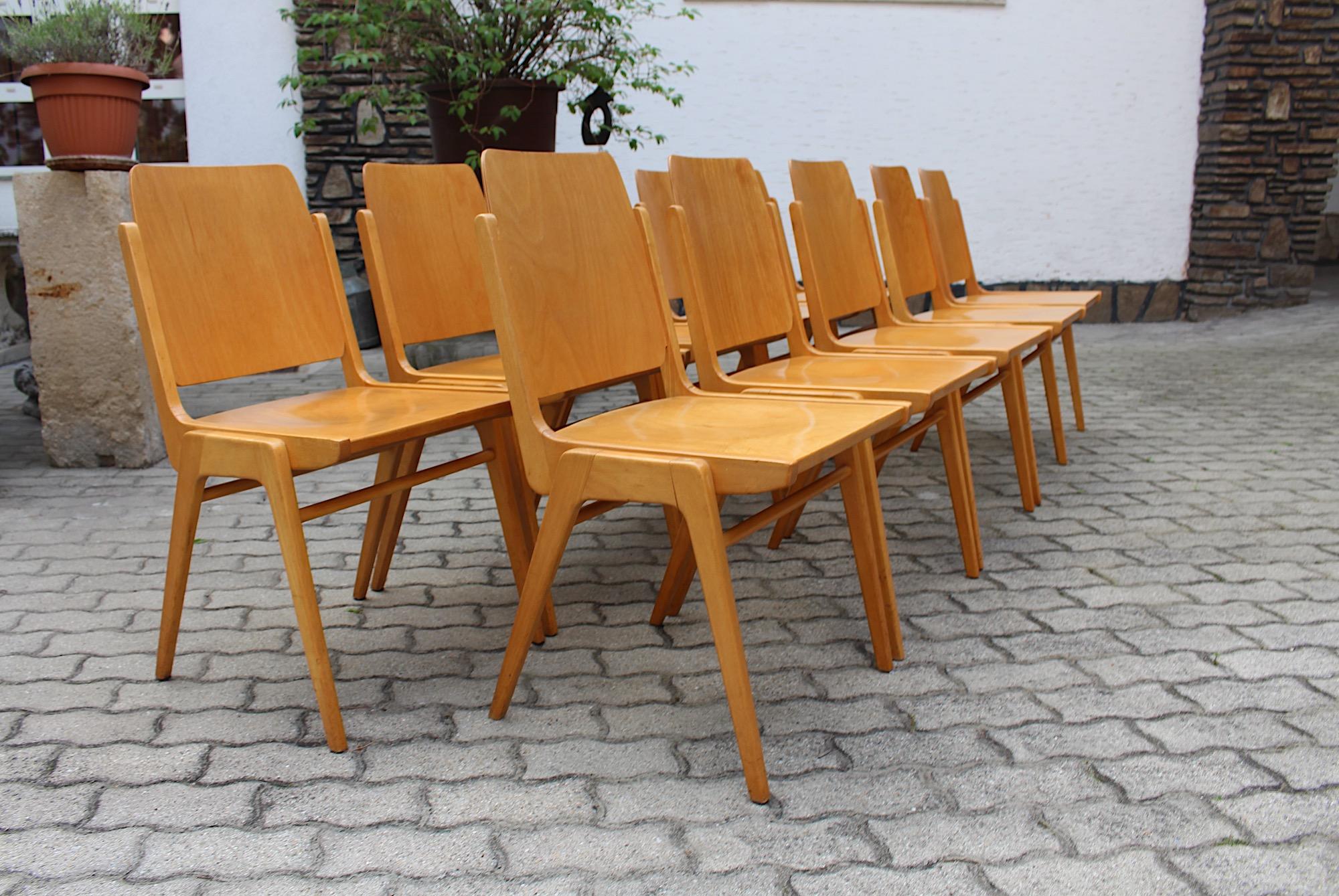 Mid Century Modern Vintage Ten Blond Dining Chairs Stacking Chair Franz Schuster For Sale 11