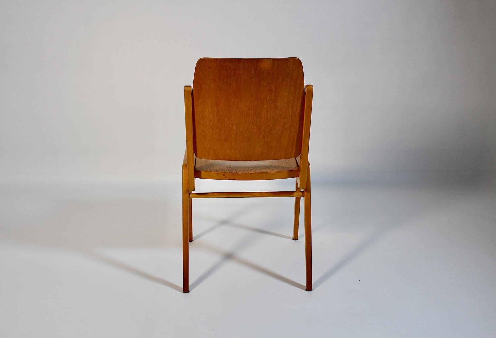 Austrian Mid Century Modern Vintage Ten Blond Dining Chairs Stacking Chair Franz Schuster For Sale