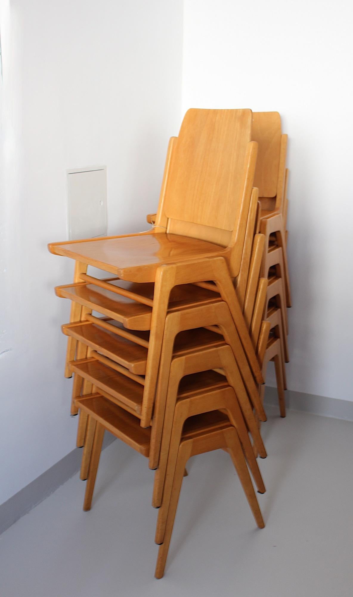 Mid-20th Century Mid Century Modern Vintage Ten Blond Dining Chairs Stacking Chair Franz Schuster For Sale