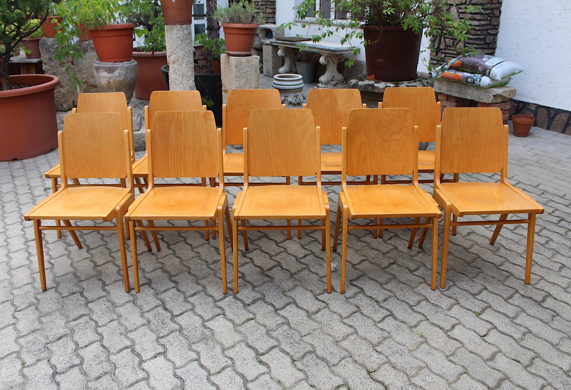 Beech Mid Century Modern Vintage Ten Blond Dining Chairs Stacking Chair Franz Schuster For Sale
