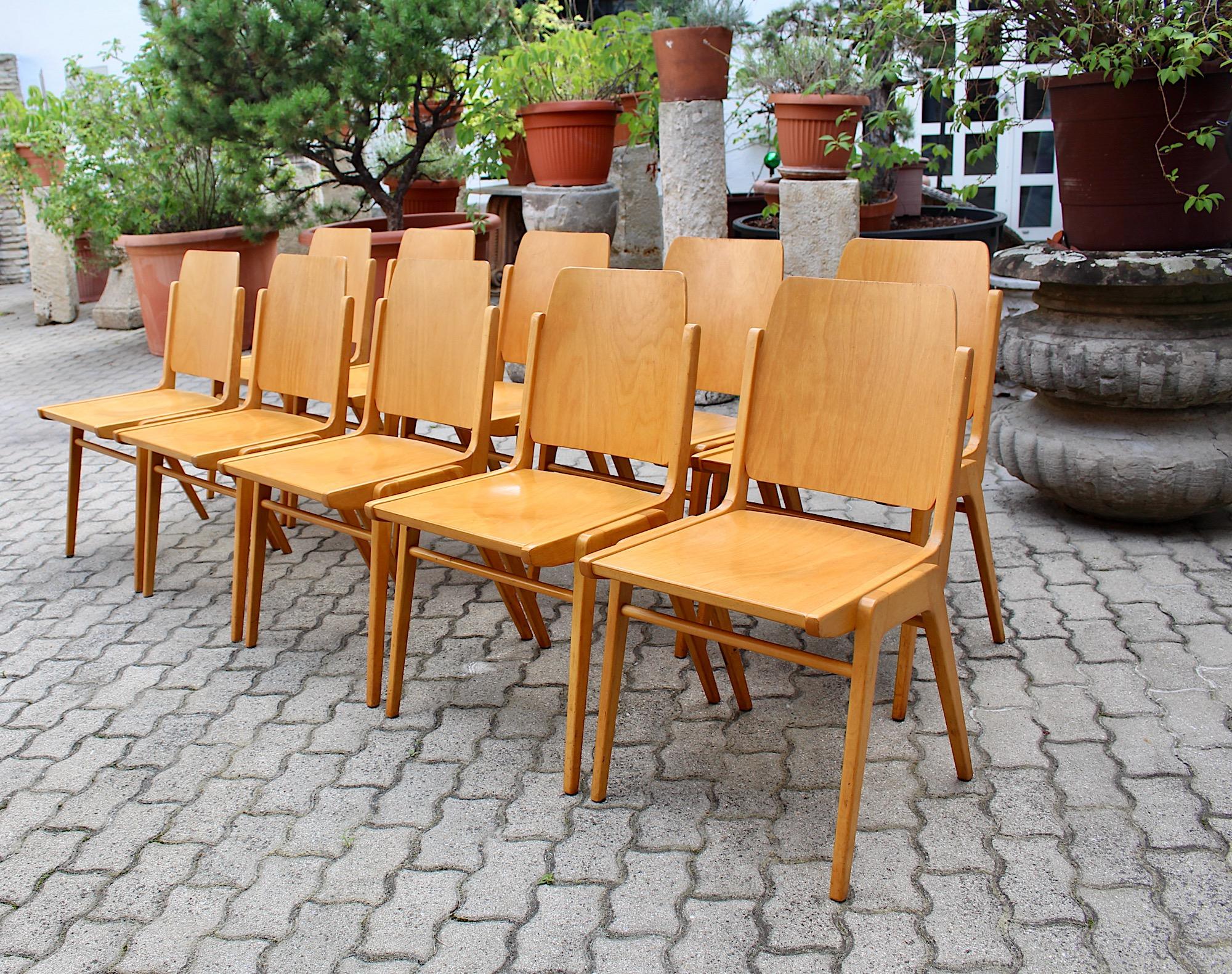 Mid Century Modern Vintage Ten Blond Dining Chairs Stacking Chair Franz Schuster For Sale 2