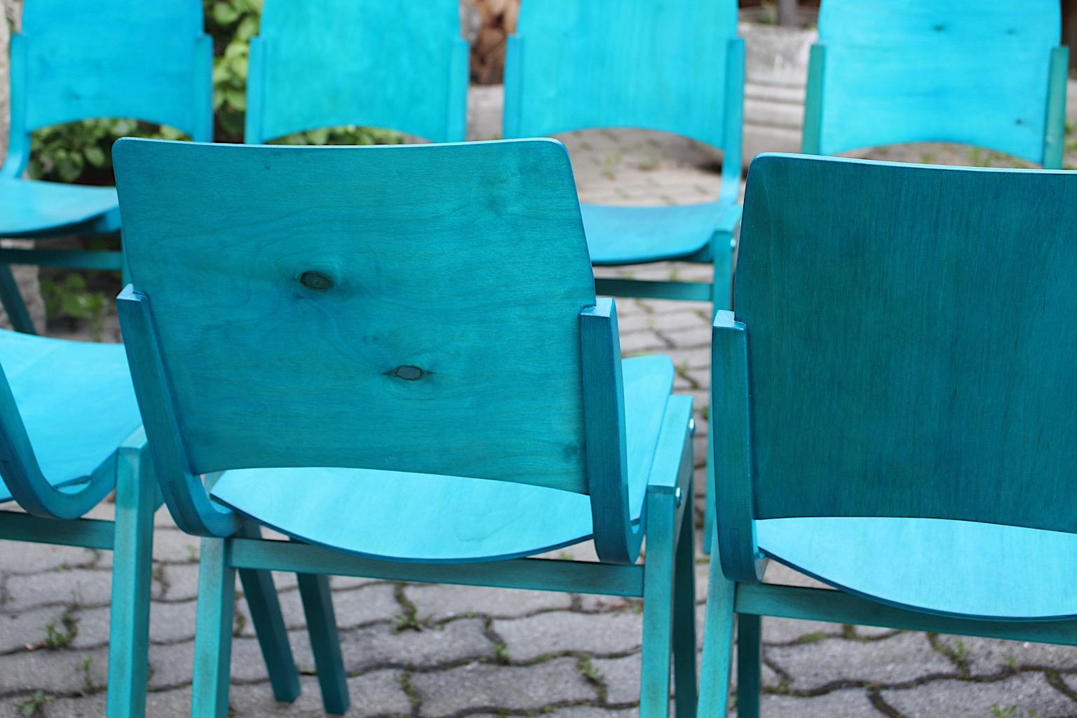 Roland Rainer, douze chaises de salle à manger bleues modernes du milieu du siècle dernier, Vienne, 1952 en vente 10