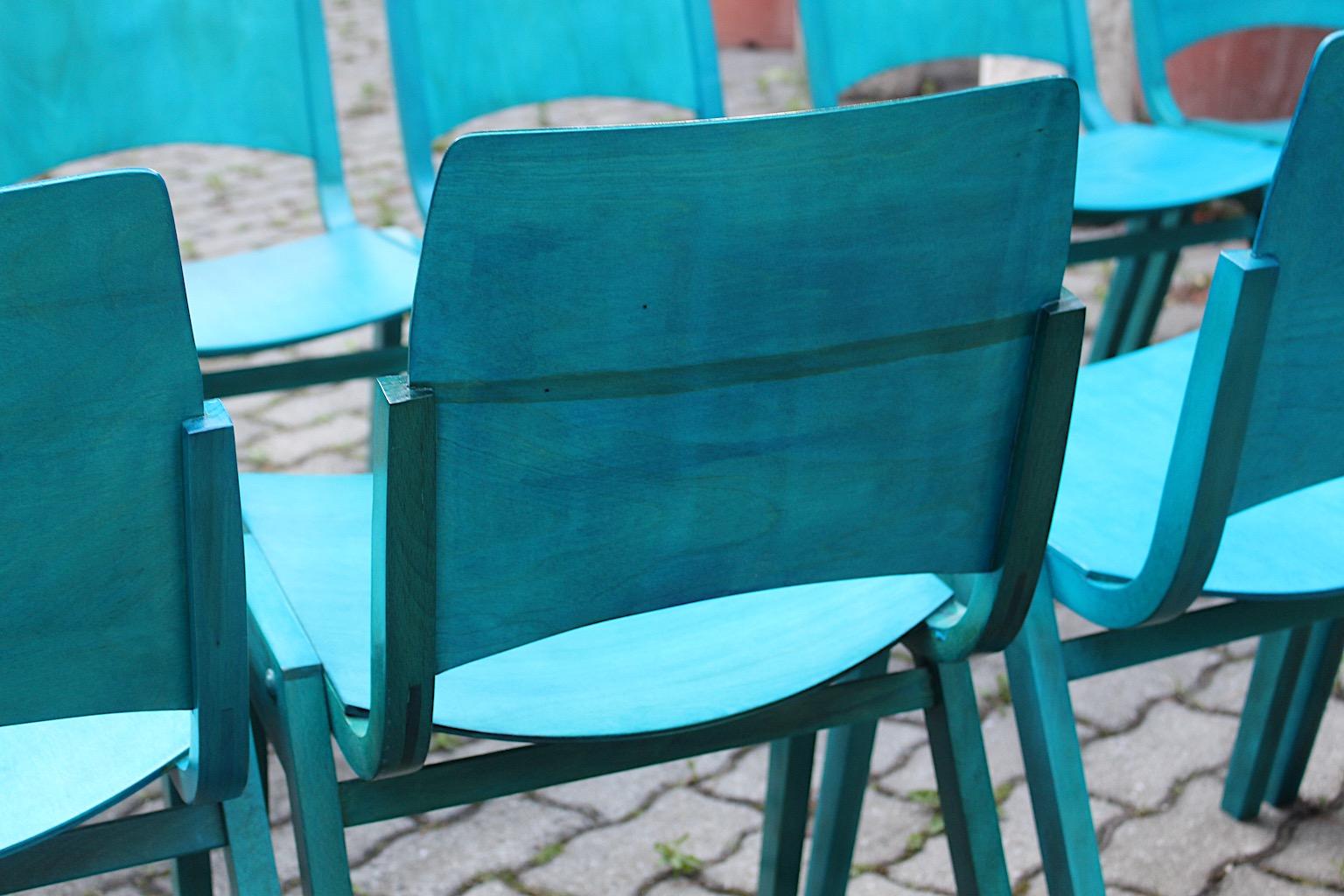 Roland Rainer, douze chaises de salle à manger bleues modernes du milieu du siècle dernier, Vienne, 1952 en vente 11